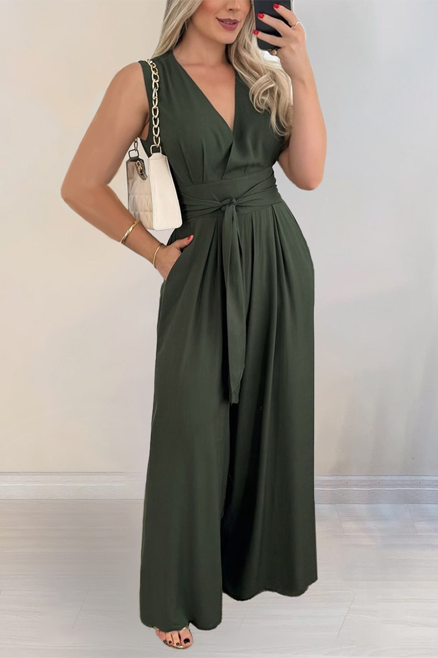 Green Surplice Wide Leg Belted Jumpsuit