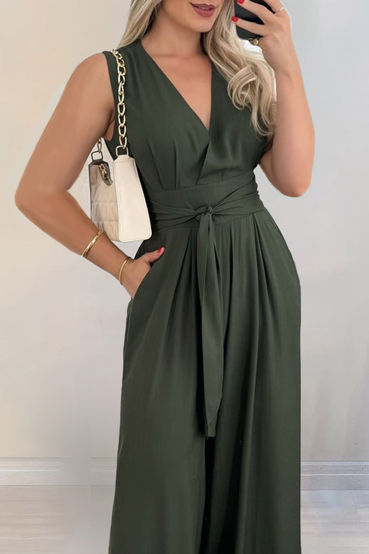 Green Surplice Wide Leg Belted Jumpsuit