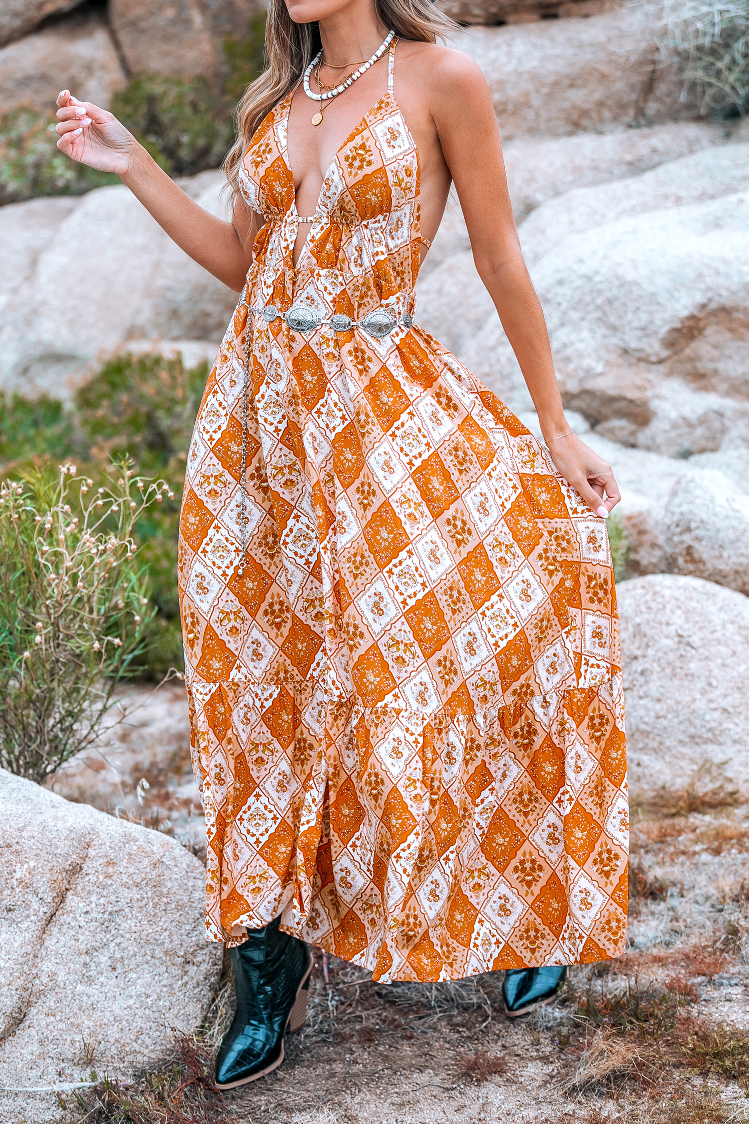 【Papier】Linnen gown/orange Burnt Orange Boho Sleeveless Plunging Maxi Dress