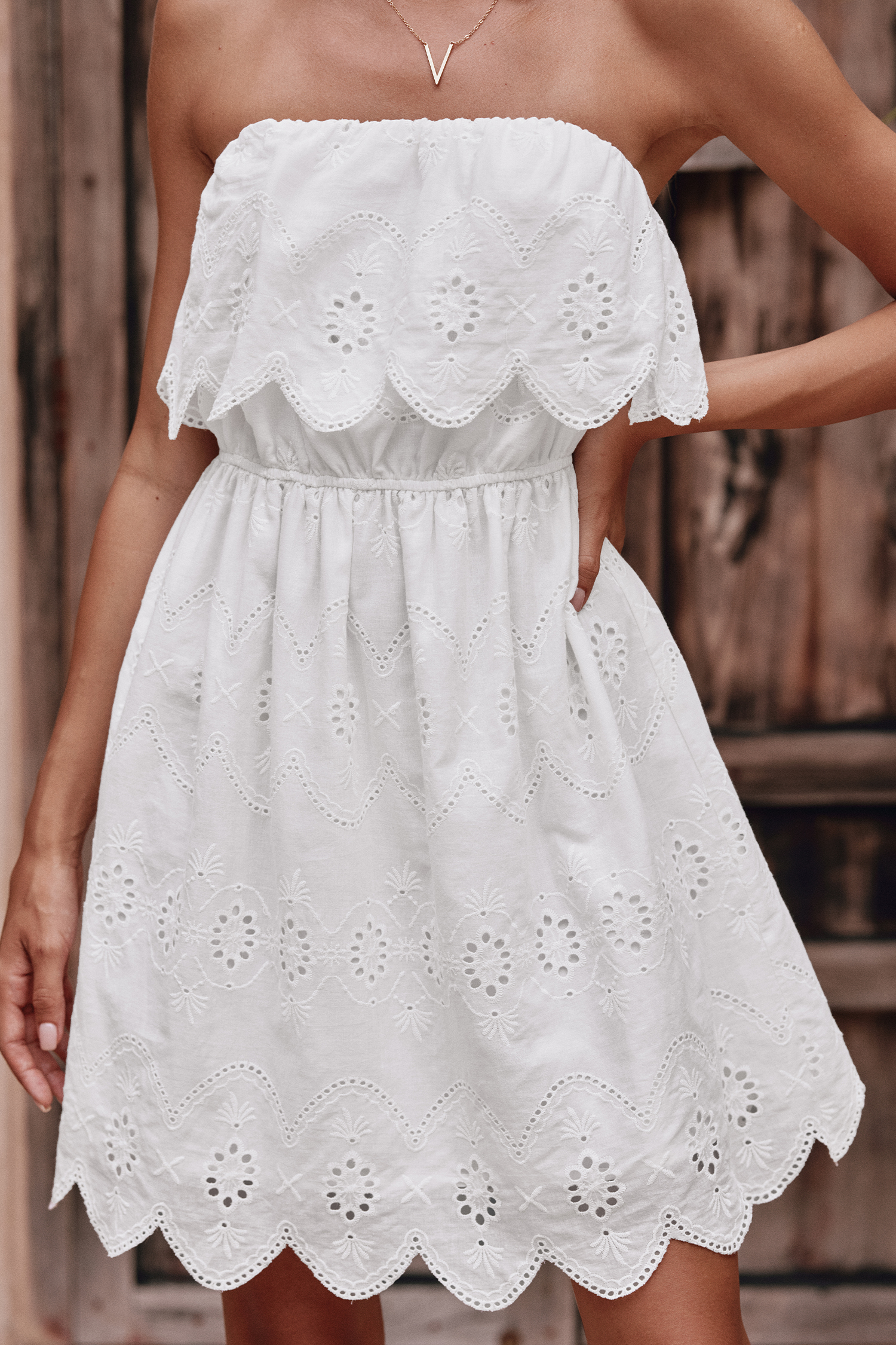 White Eyelet Scalloped Mini Tube Dress