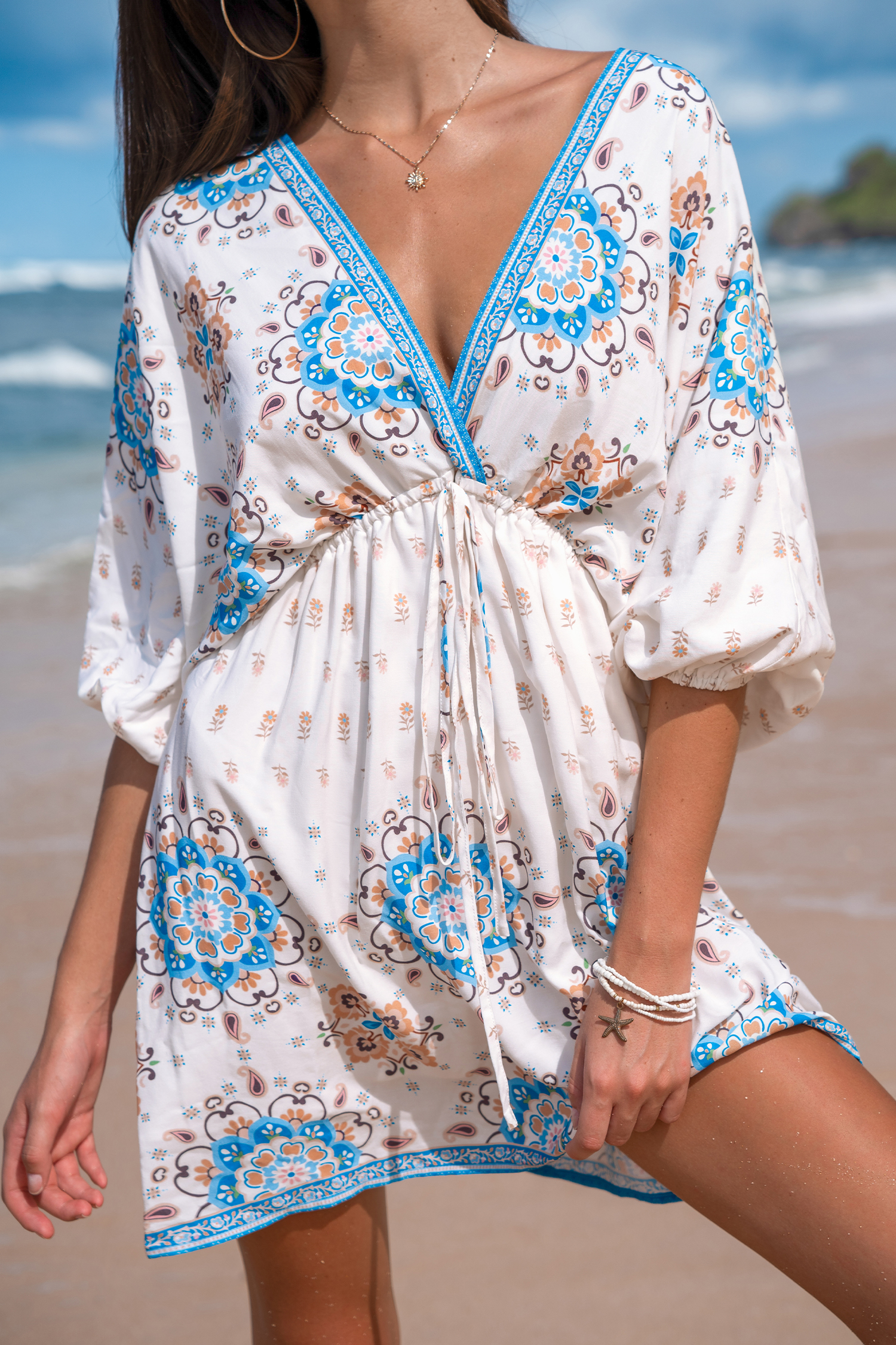 Boho Plunging Blouson Sleeve Mini Dress