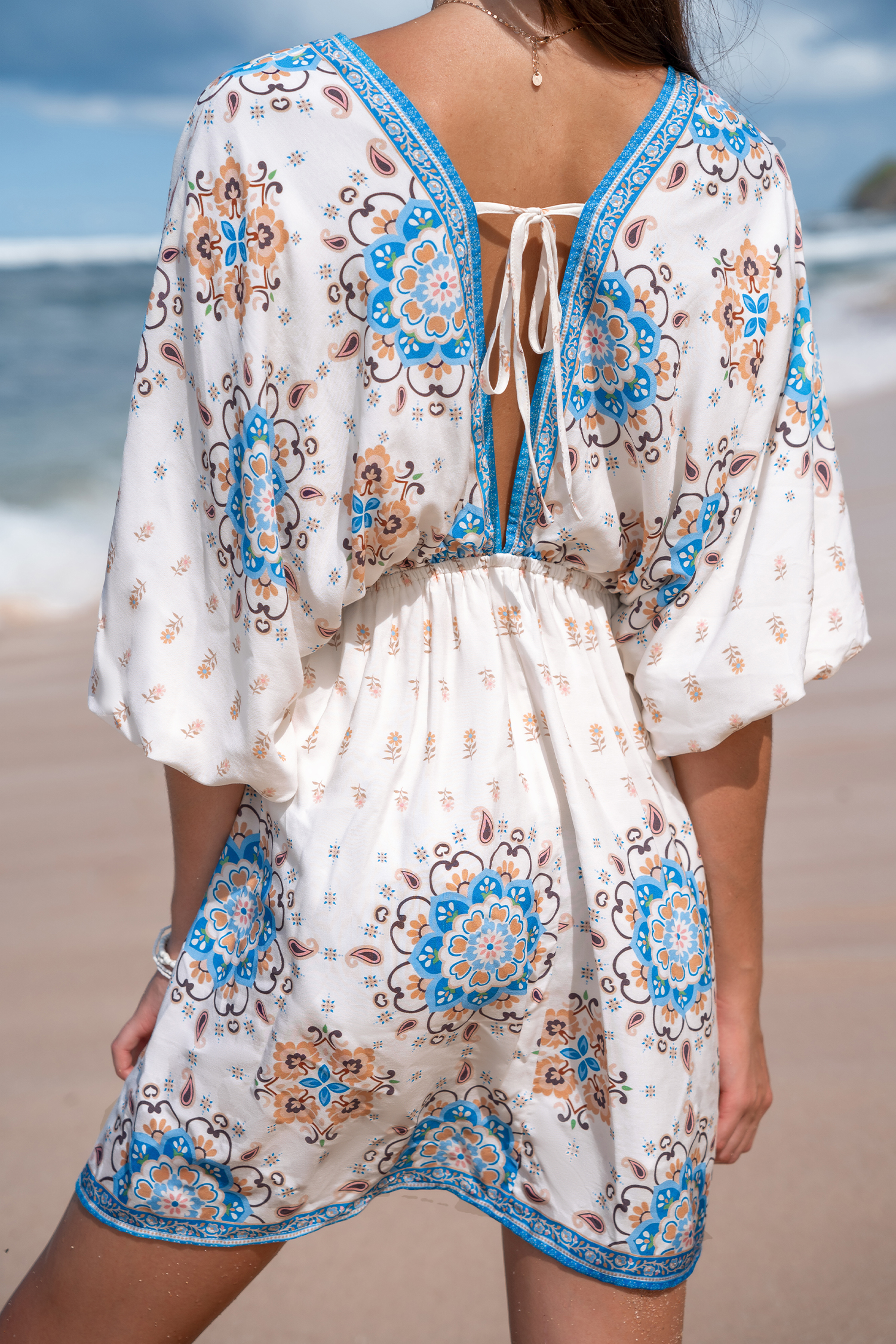 Boho Plunging Blouson Sleeve Mini Dress