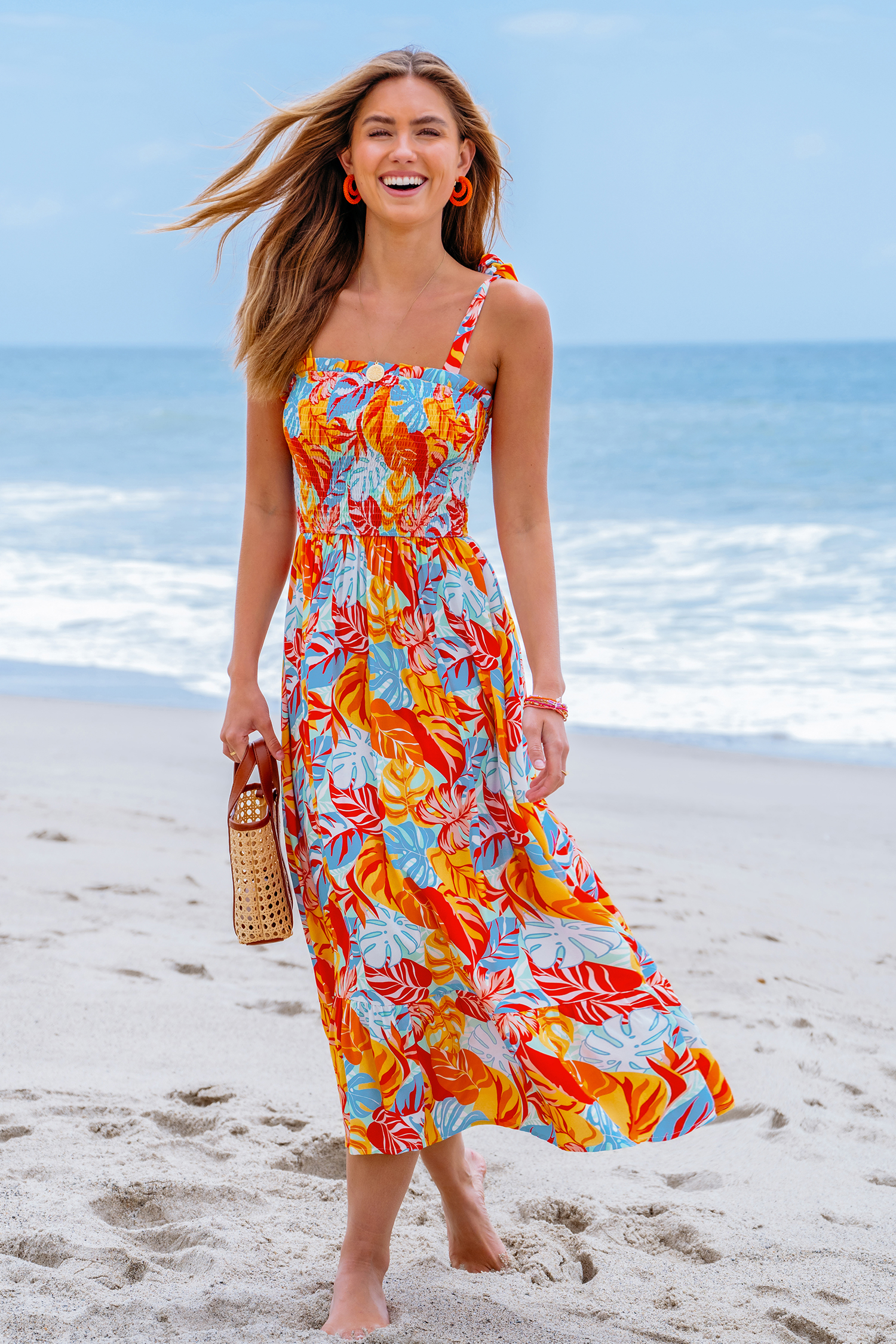 Tropical Leaf Print Tie Strap Maxi Dress