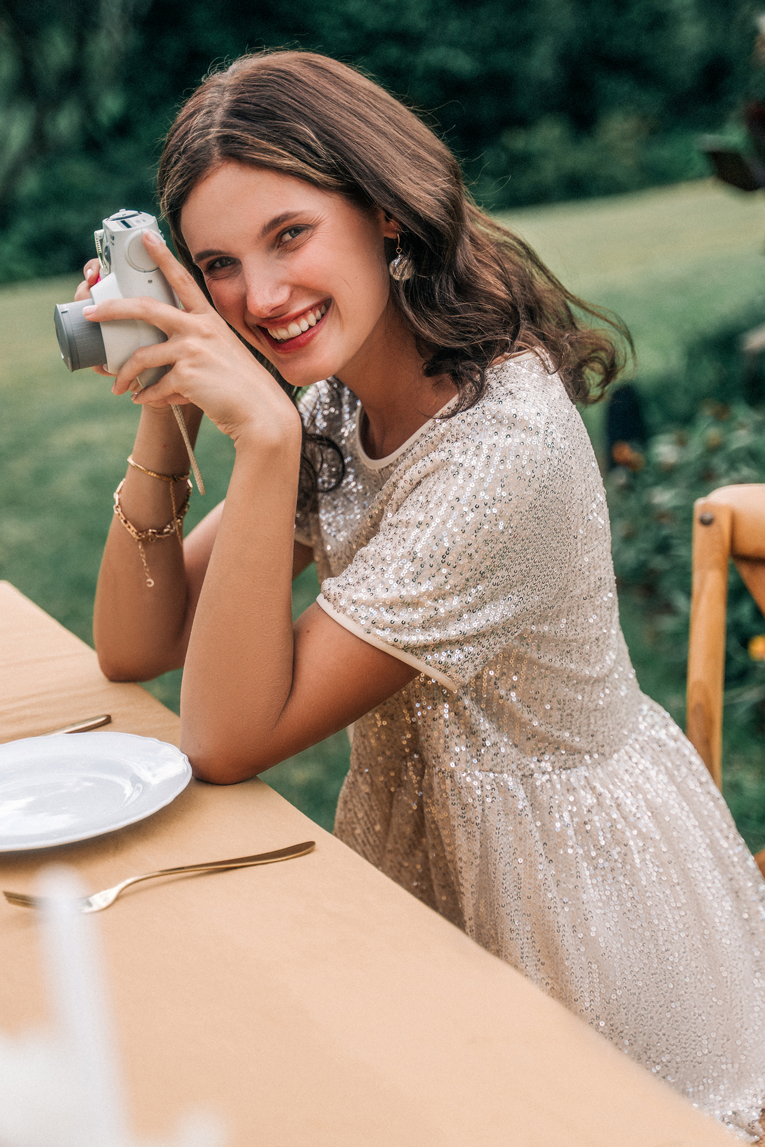 Champagne Bubbles Short Sleeve Flounce Hem Mini Dress