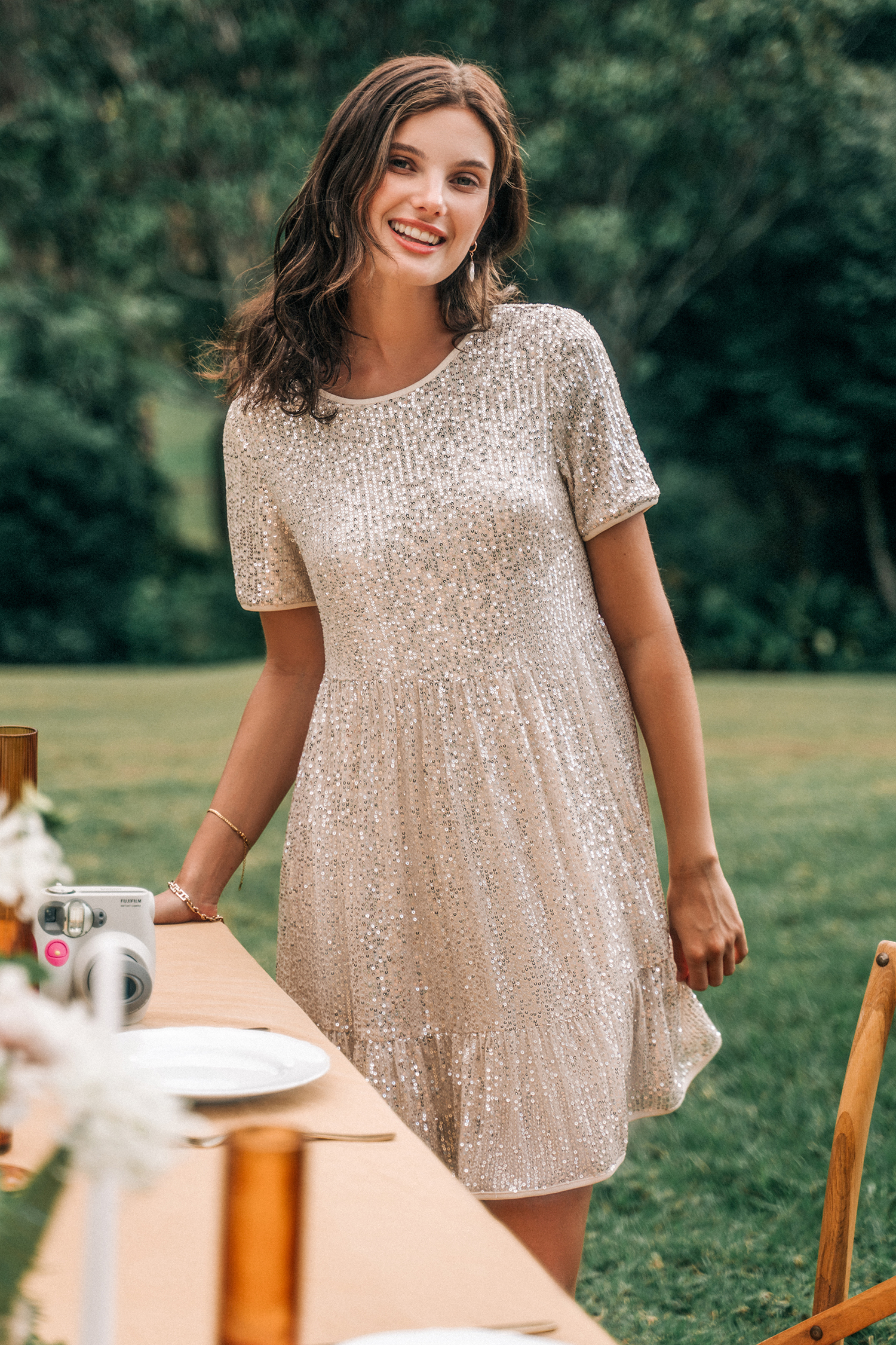 Champagne Bubbles Short Sleeve Flounce Hem Mini Dress