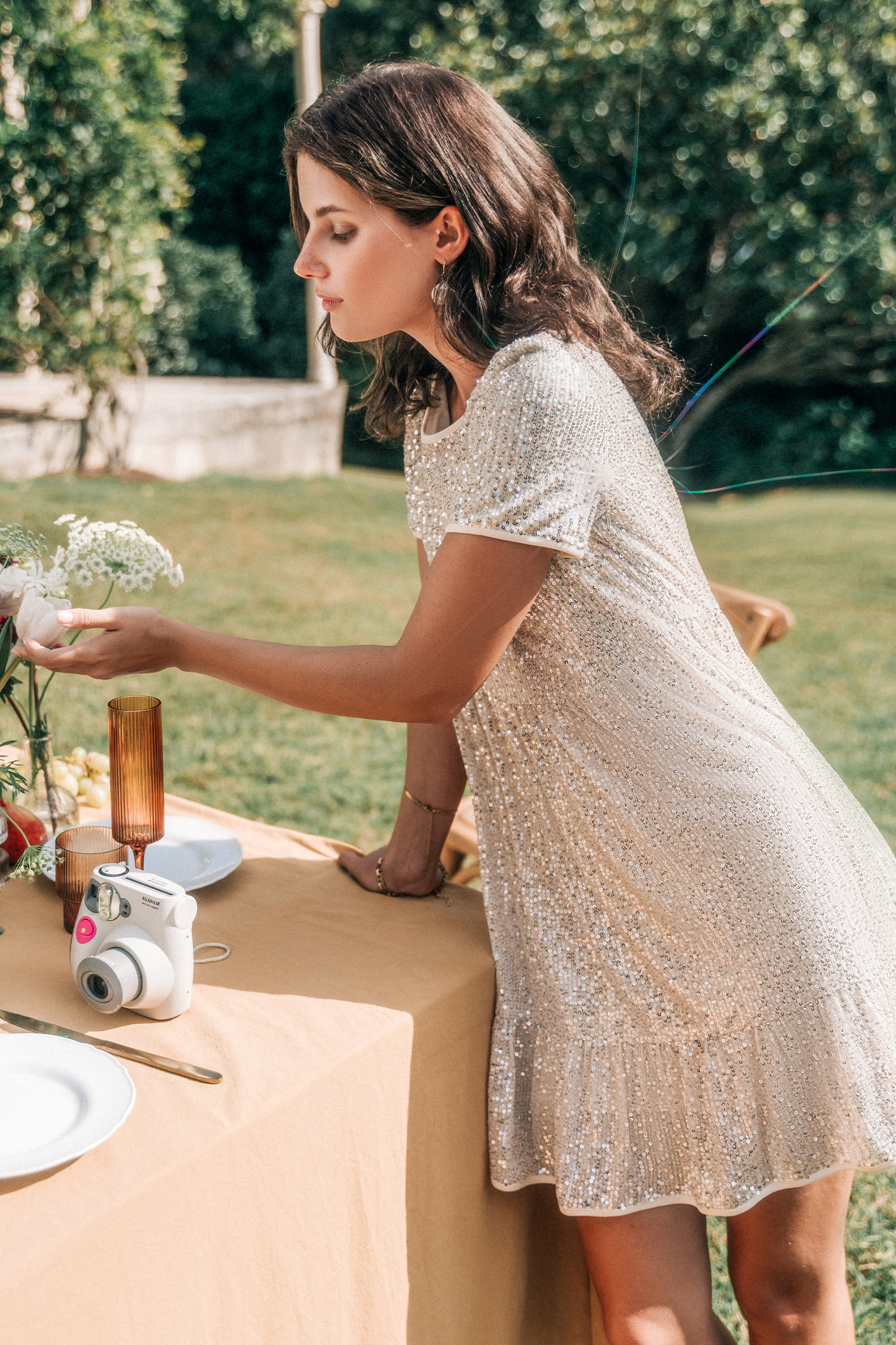 Champagne Bubbles Short Sleeve Flounce Hem Mini Dress