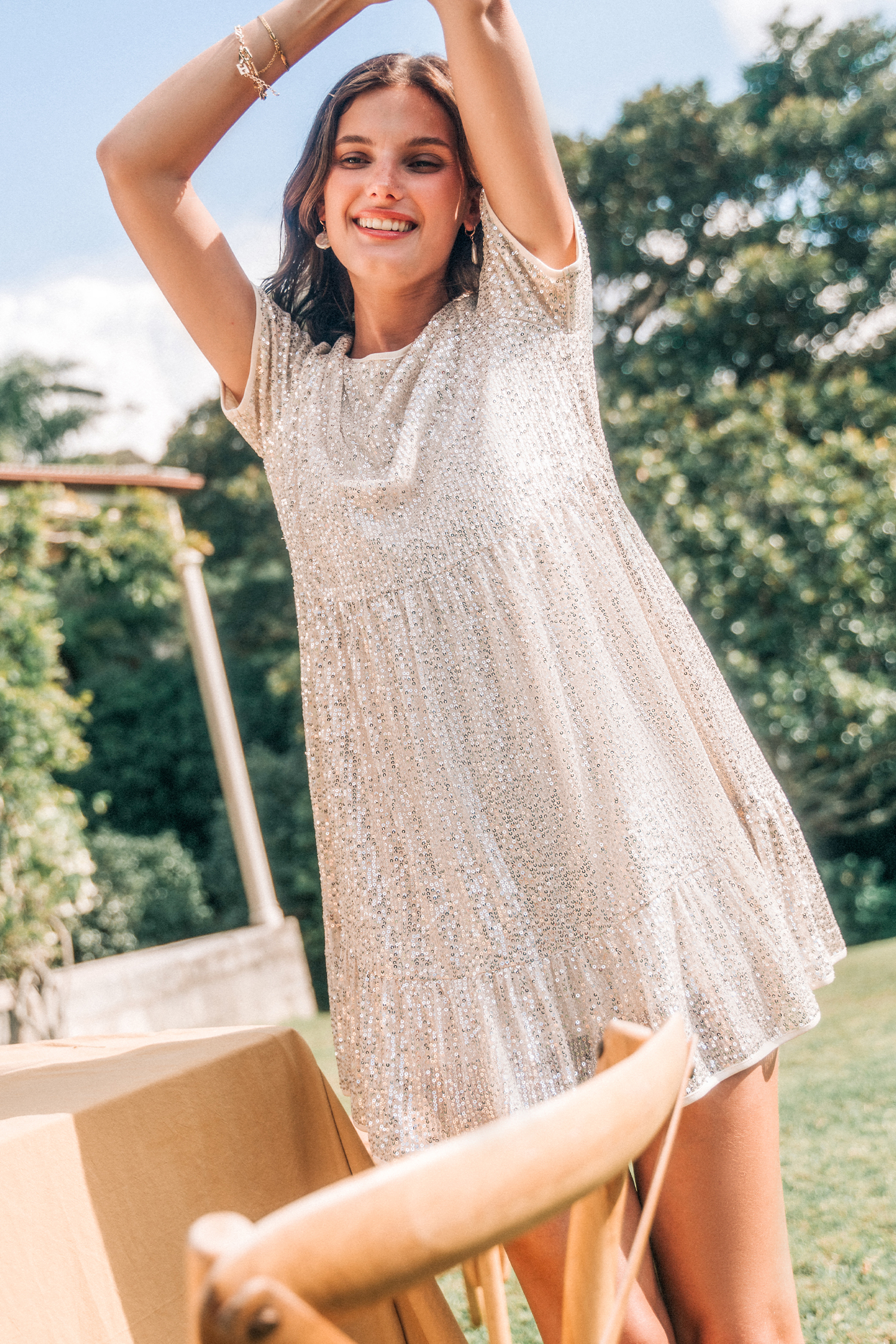 Champagne Bubbles Short Sleeve Flounce Hem Mini Dress