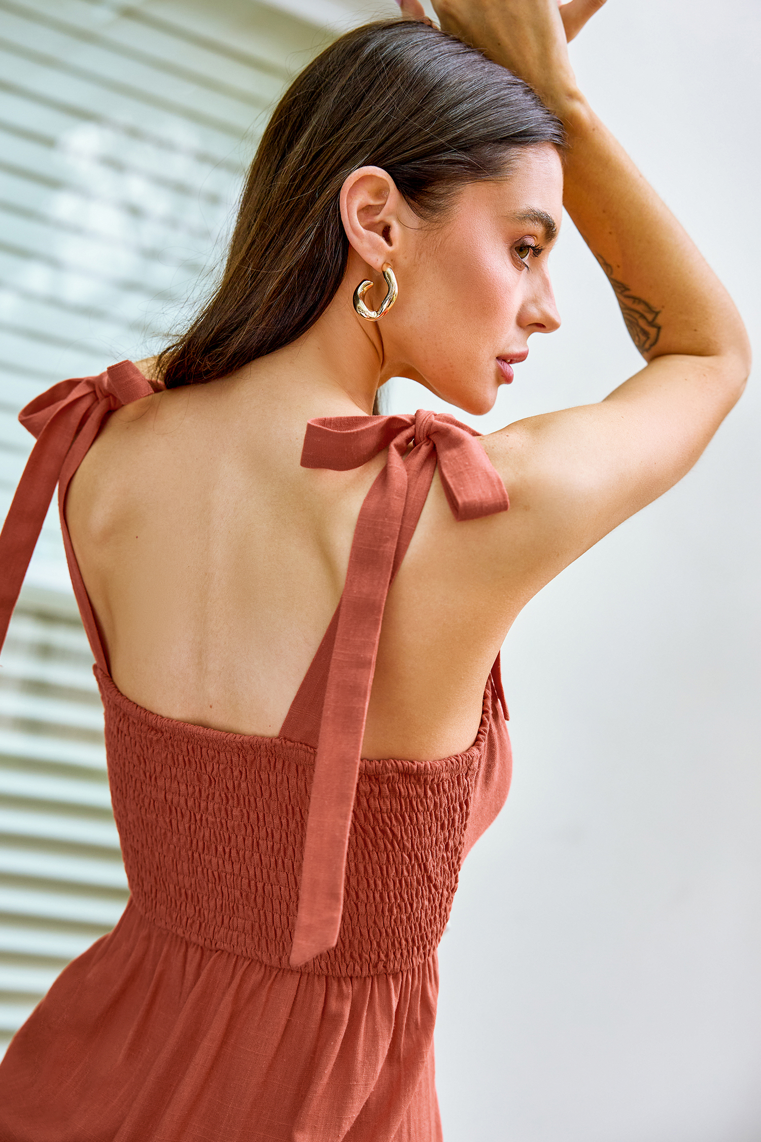 Red Square Neck Tie Shoulder Mini Dress