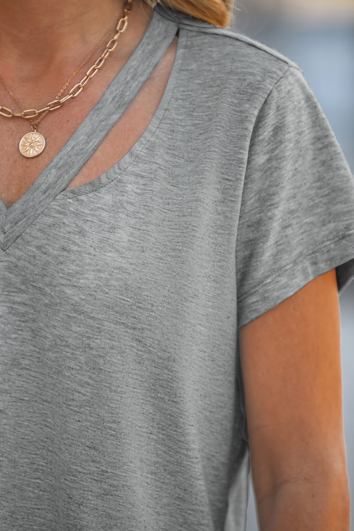 Cotton Grey V-Neck Cutout Tee