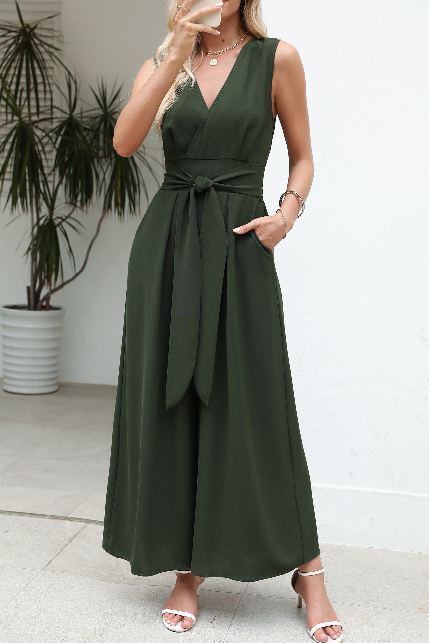 Green Surplice Wide Leg Belted Jumpsuit