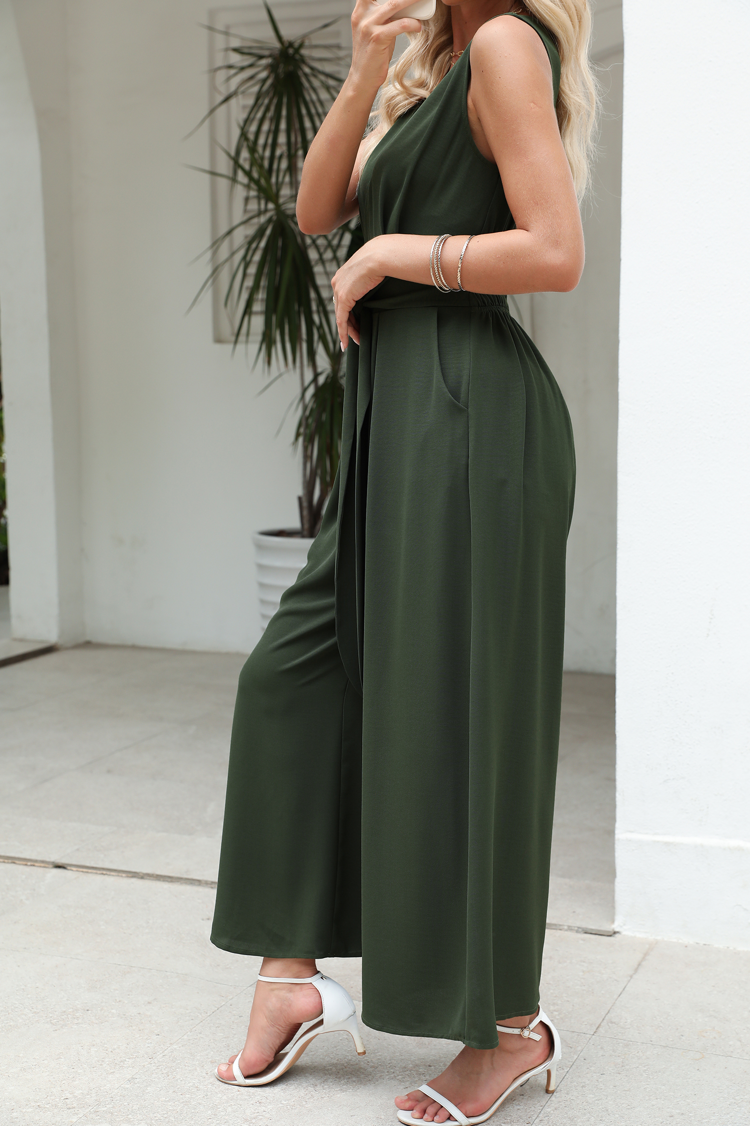 Green Surplice Wide Leg Belted Jumpsuit