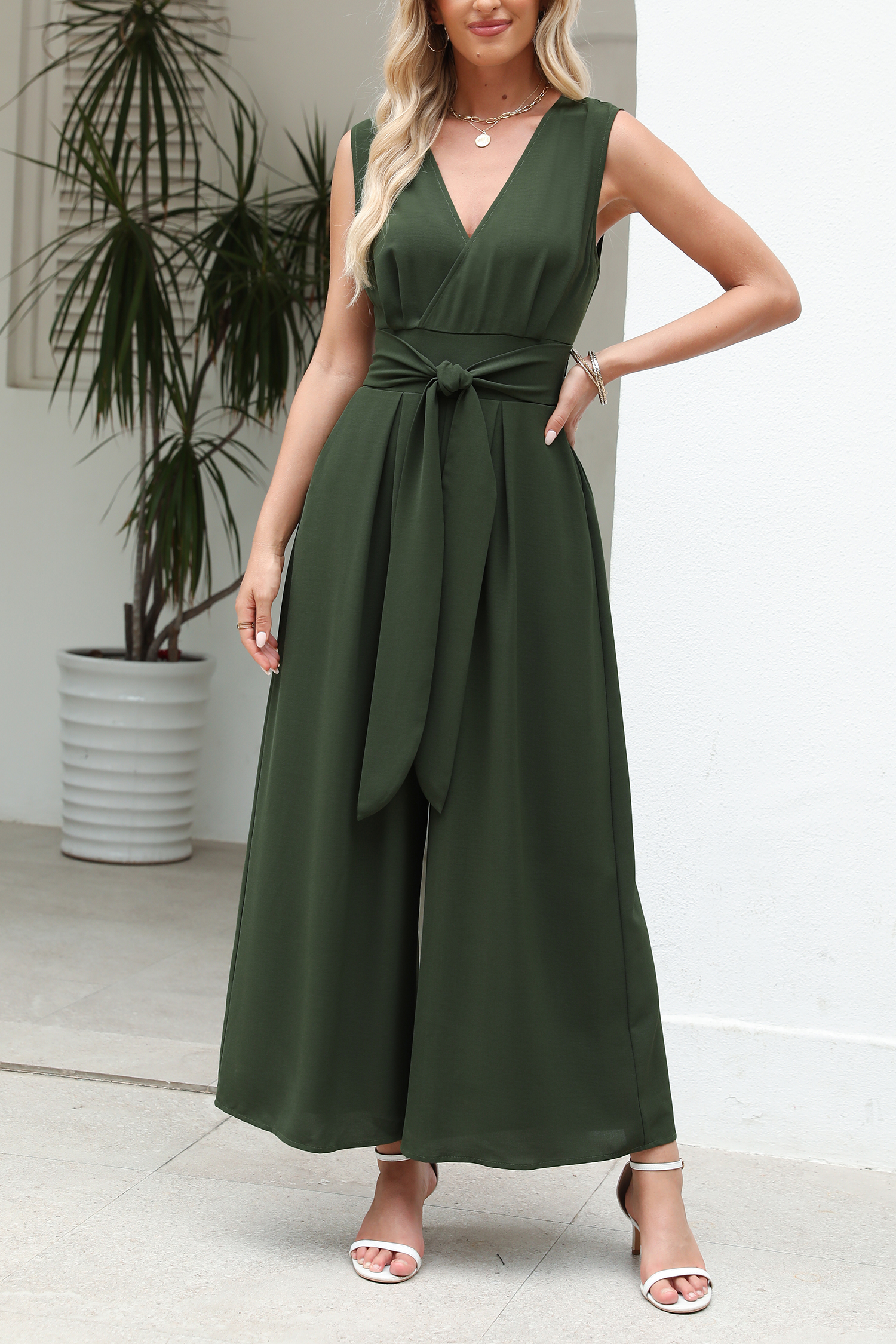 Green Surplice Wide Leg Belted Jumpsuit