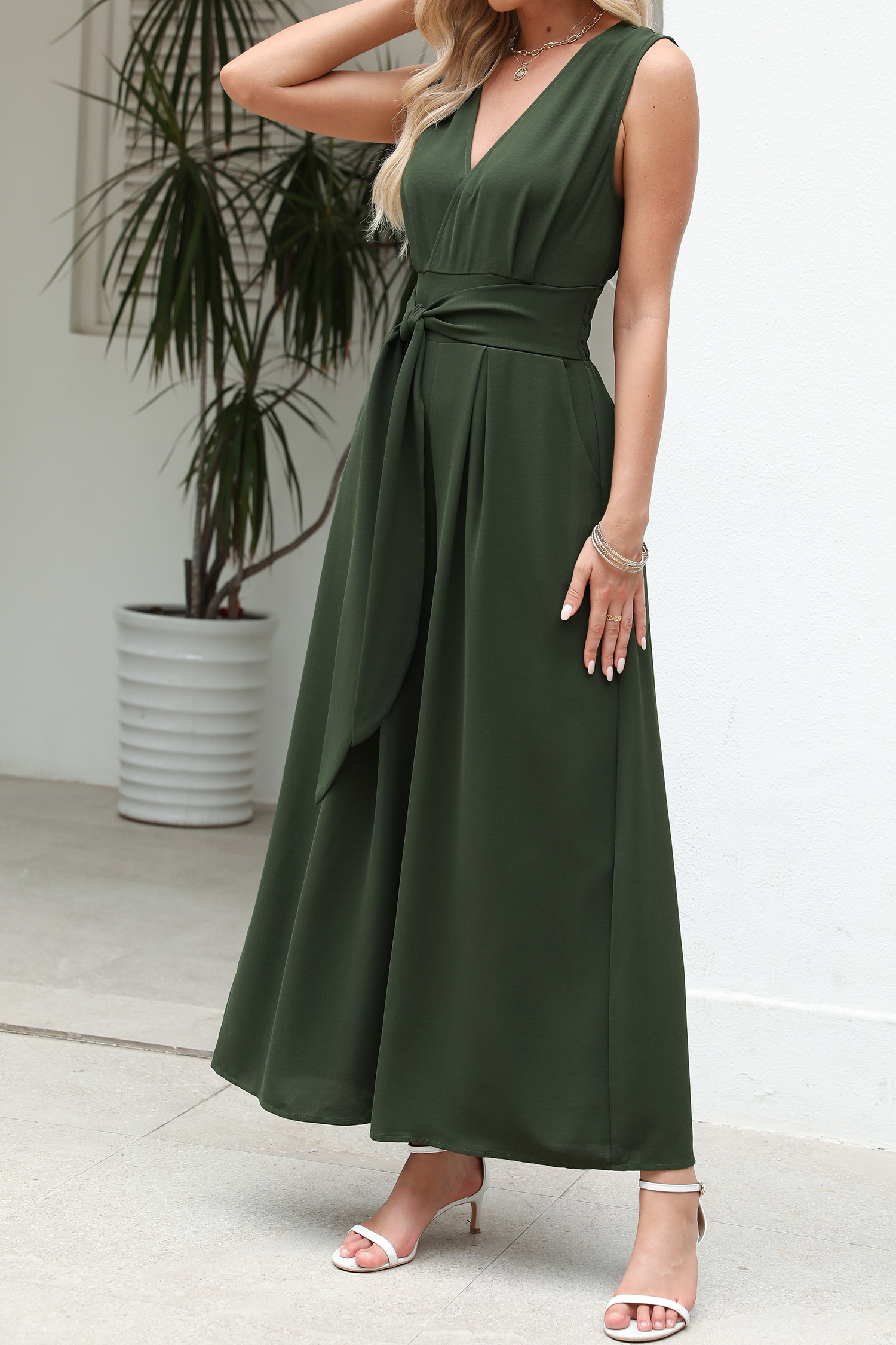 Green Surplice Wide Leg Belted Jumpsuit