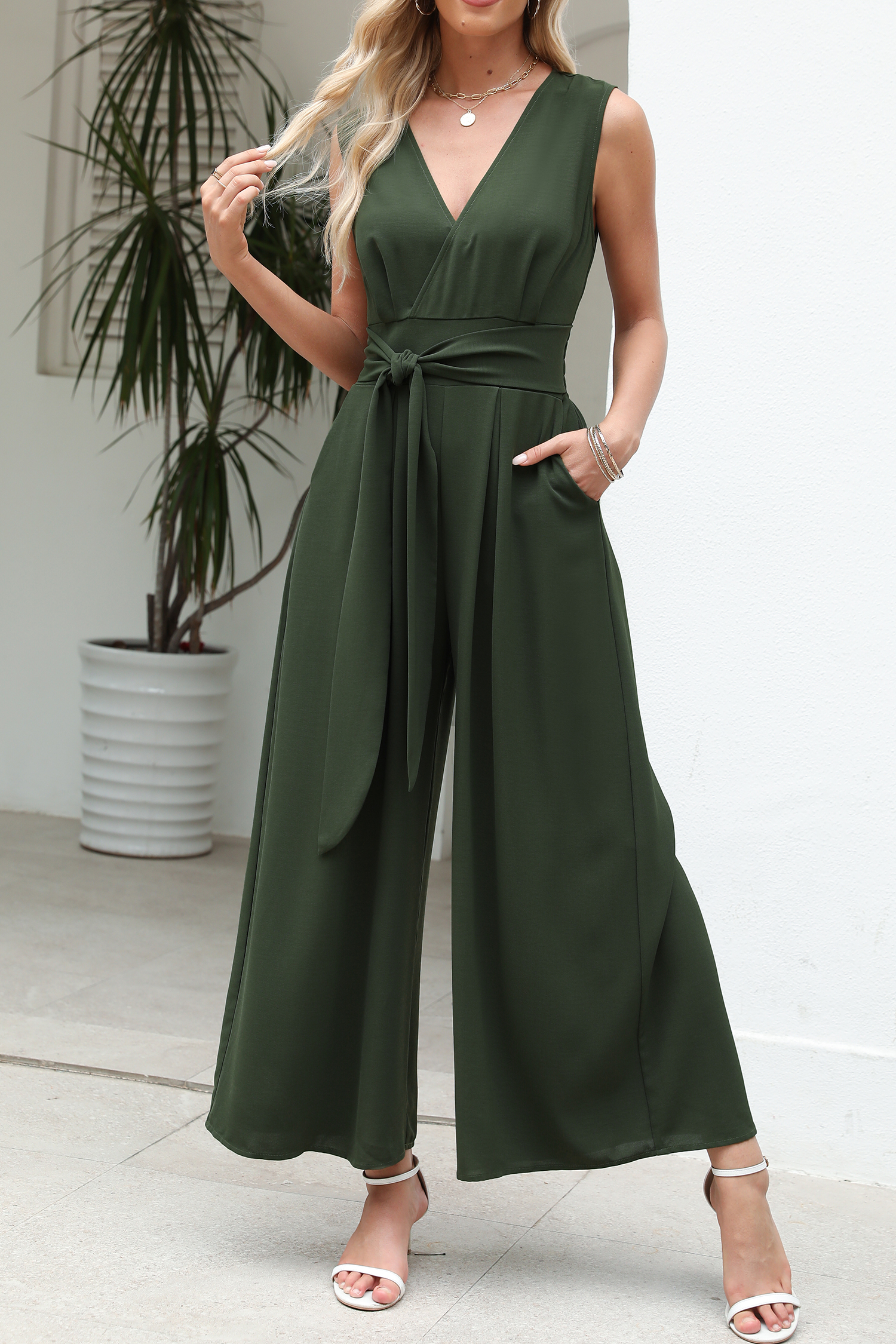 Green Surplice Wide Leg Belted Jumpsuit