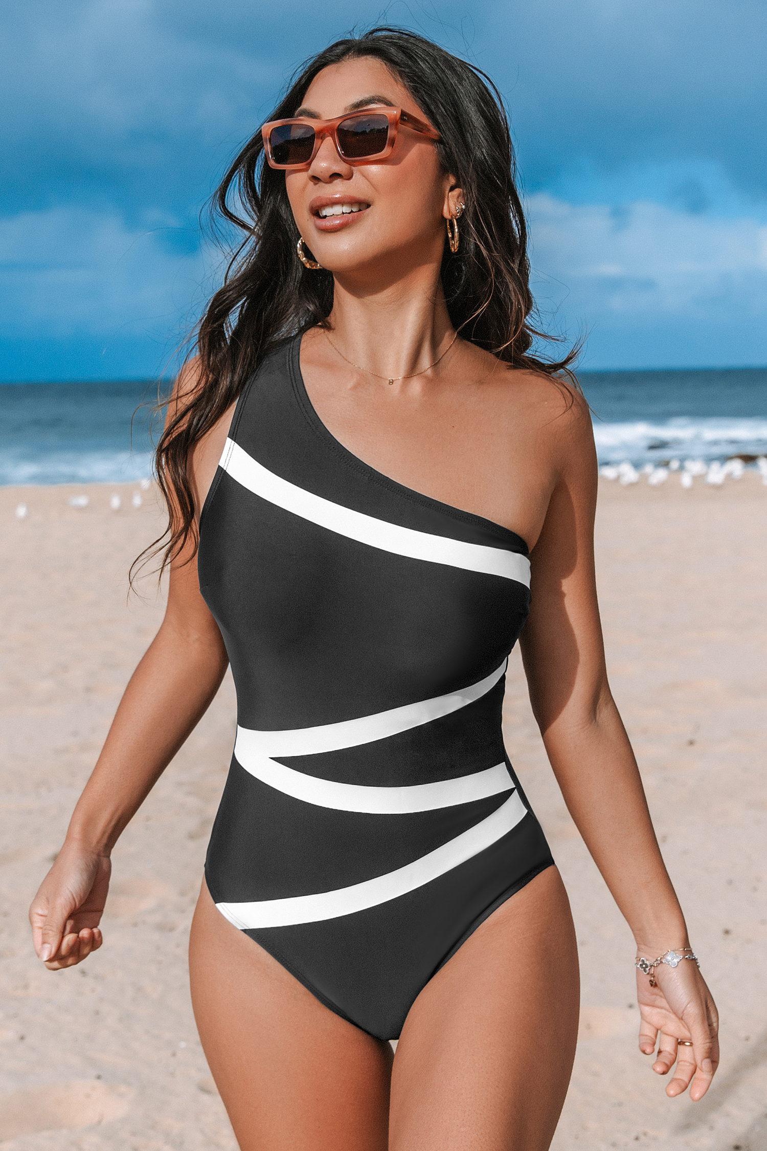 Asymmetrical Stripe One-Shoulder Tummy Control One-Piece