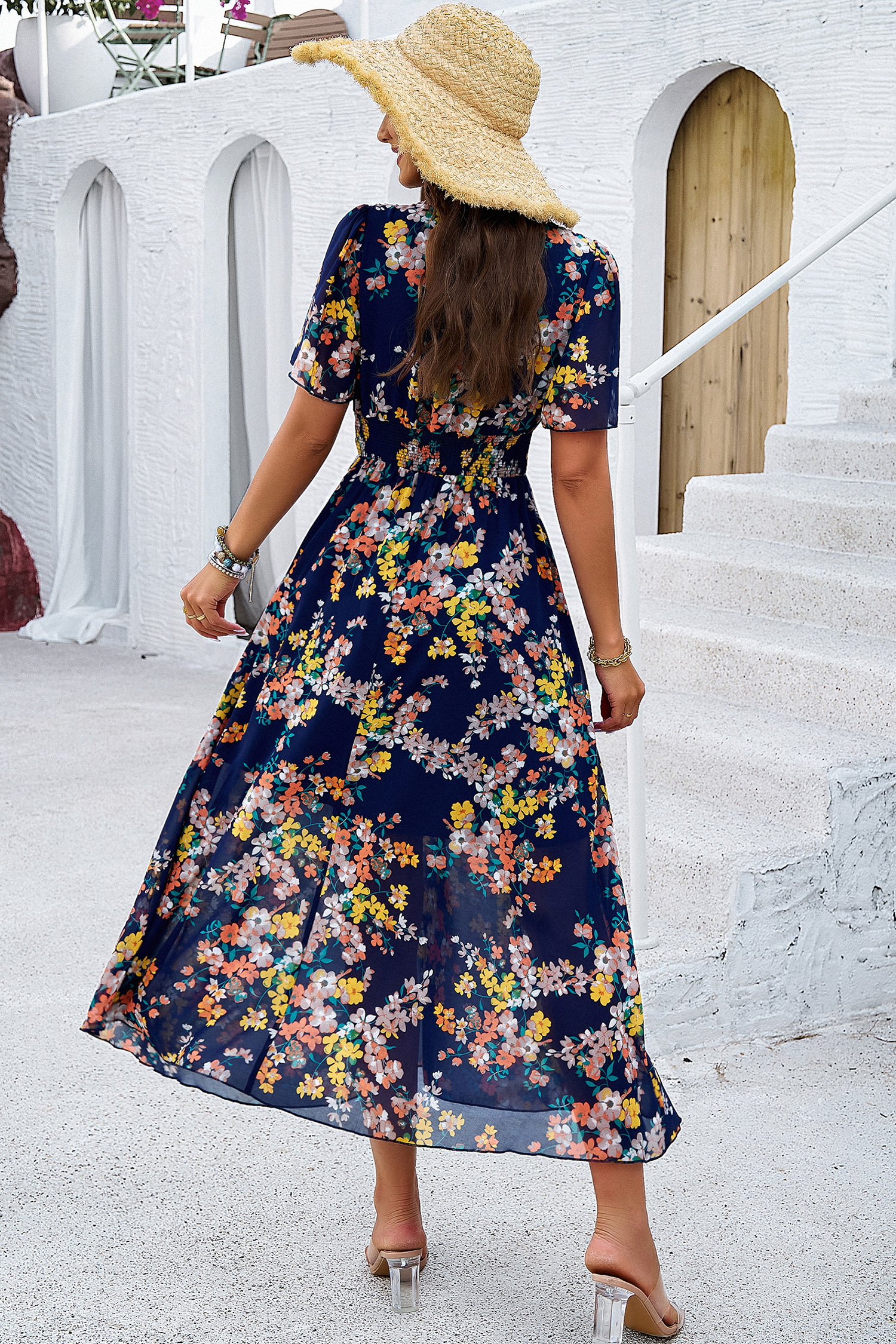 Navy Floral Print Smocked Waist Dress