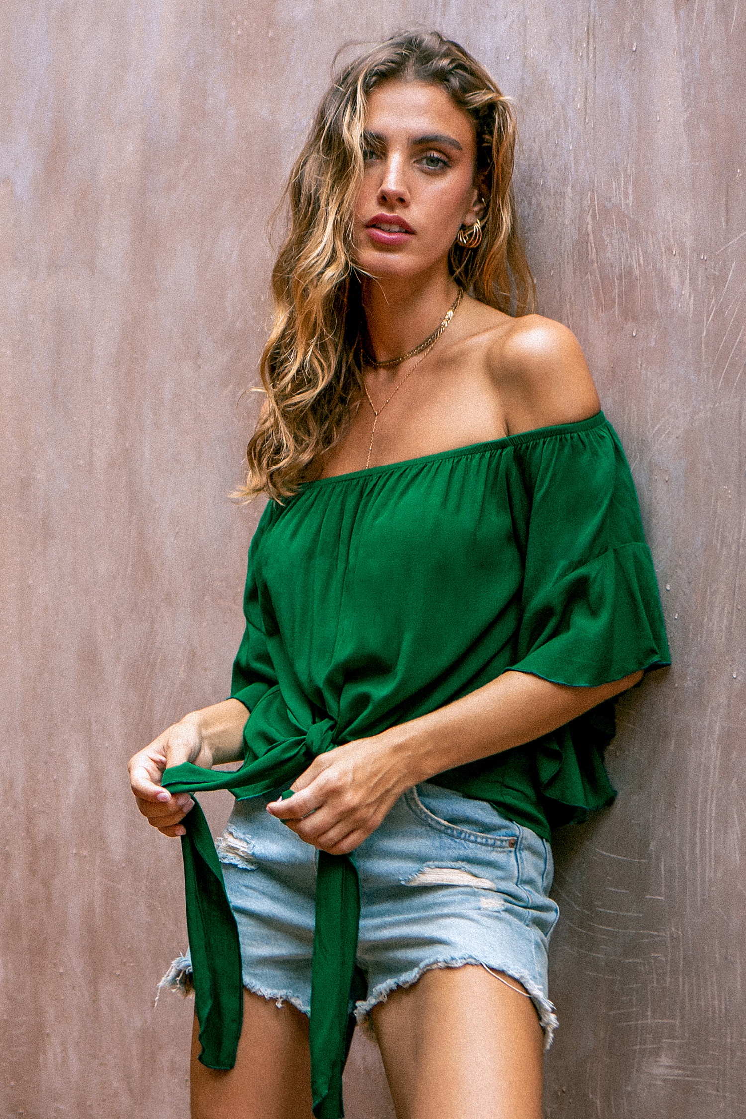 Green Off-Shoulder Ruffled Sleeve Blouse