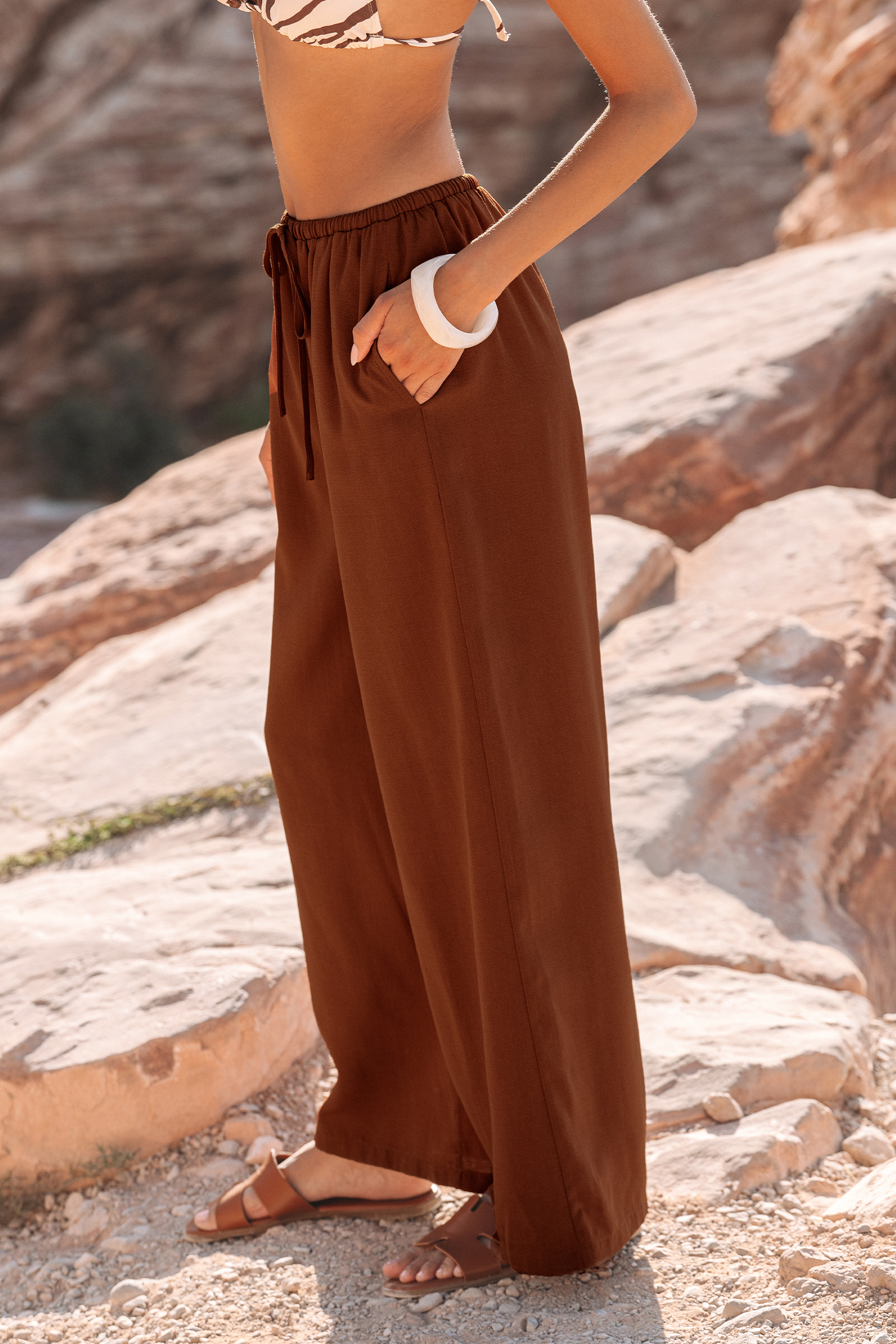 Chocolate Elastic Waist Wide Leg Pants