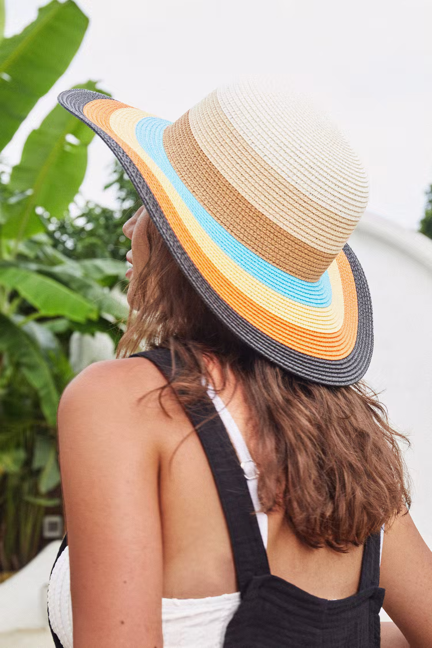 Colorblock Damen Sommerhut mit breiter Krempe aus Stroh