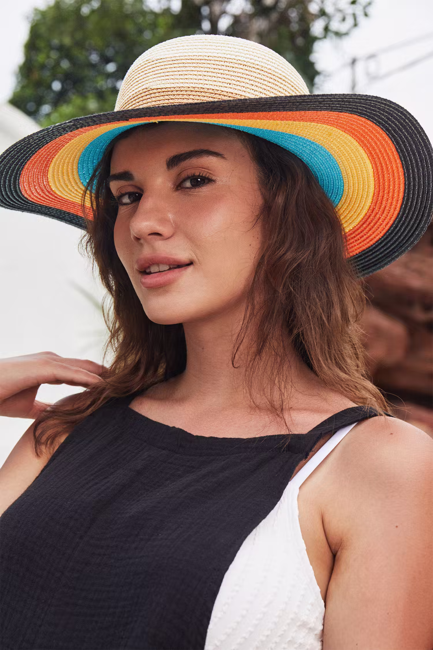 Colorblock Damen Sommerhut mit breiter Krempe aus Stroh