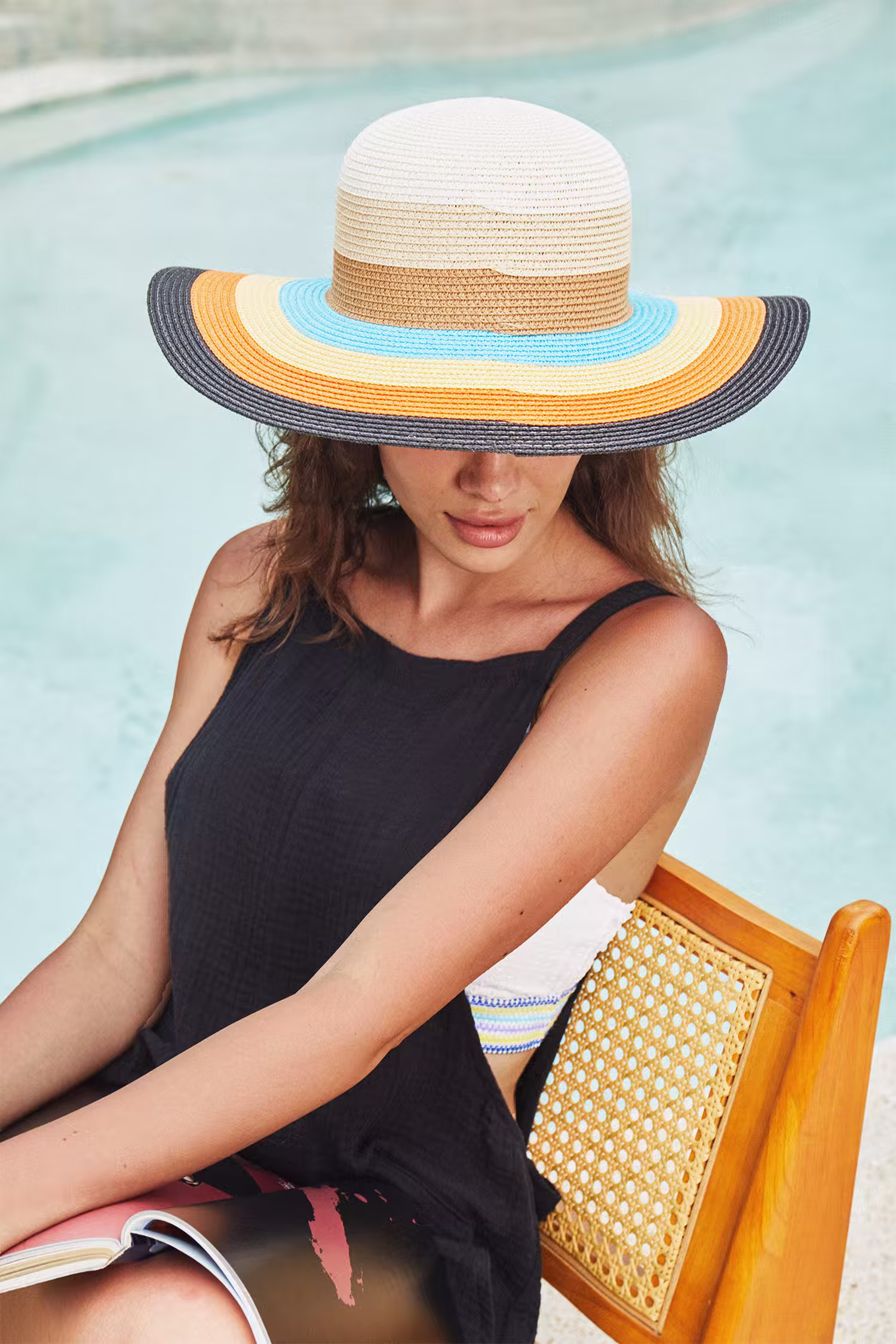 Colorblock Damen Sommerhut mit breiter Krempe aus Stroh