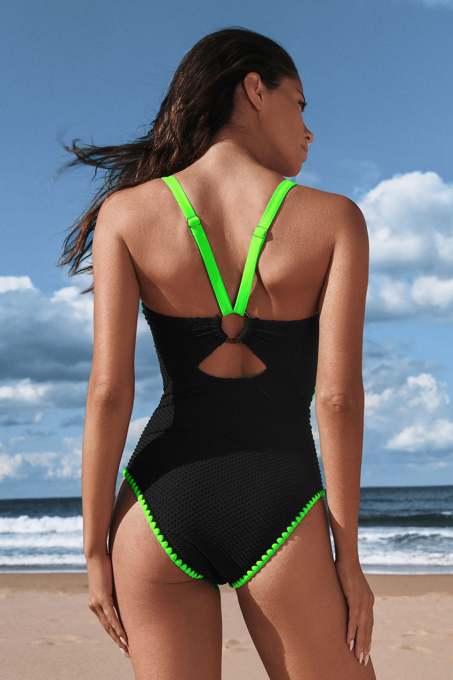 LE’RURE  Sheer A-line onepiece Product | Eco Chic Repreve® Kyslee One Piece Swimsuit - Black