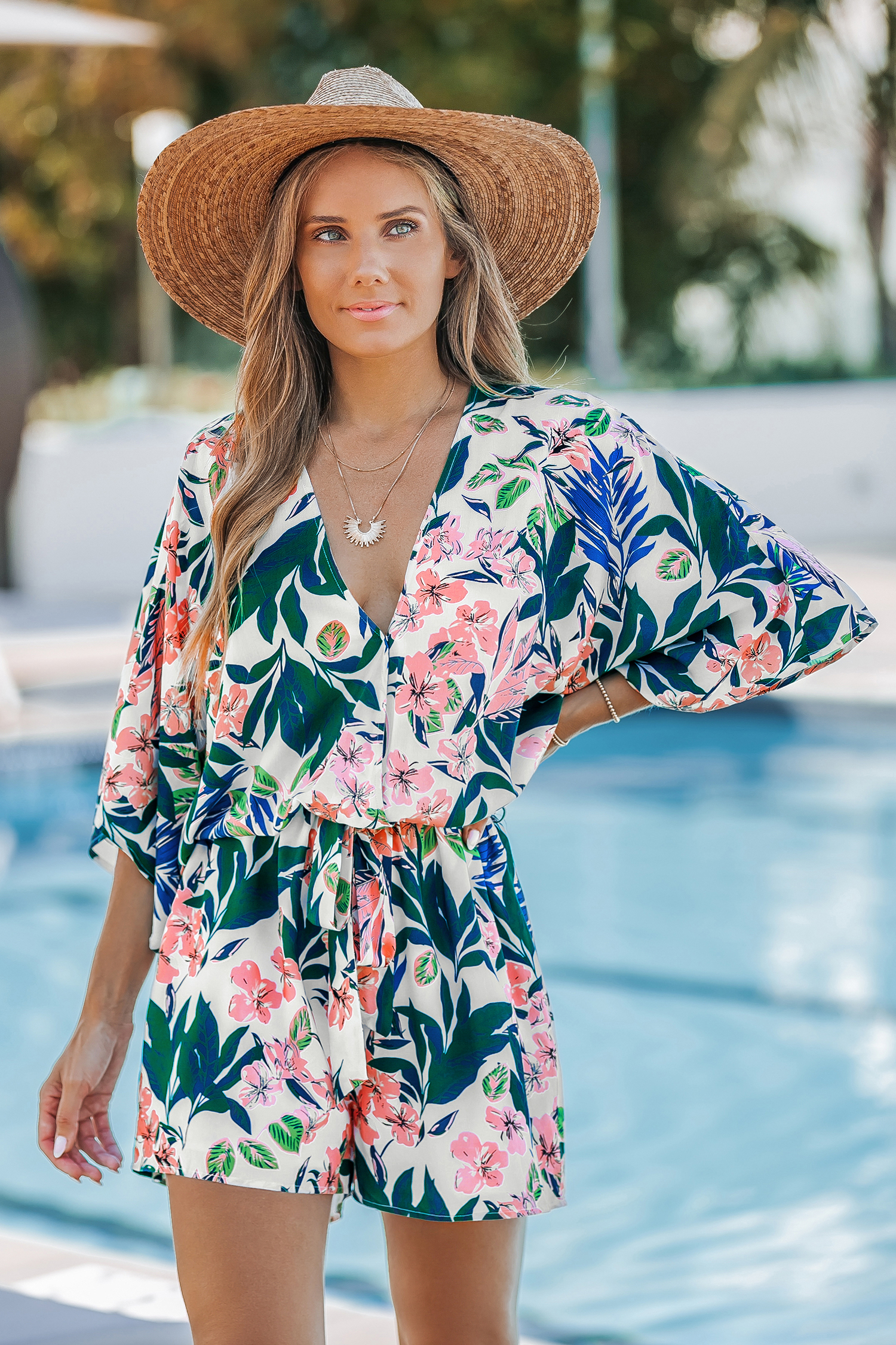 Green & Pink Tropical Dolman Sleeve Straight Leg Playsuit