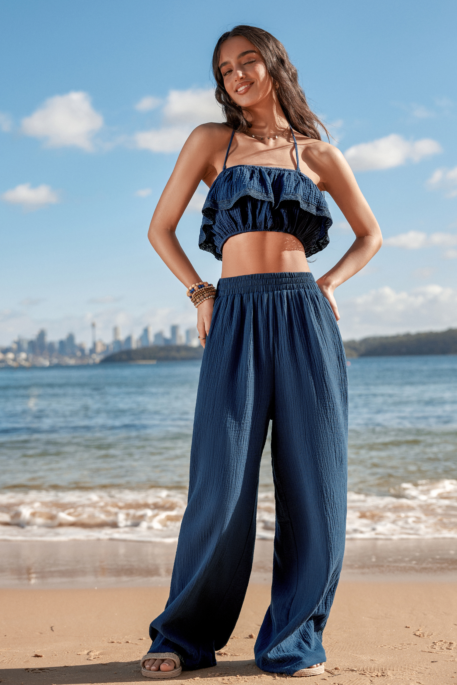 Navy Blue Smocked Pants