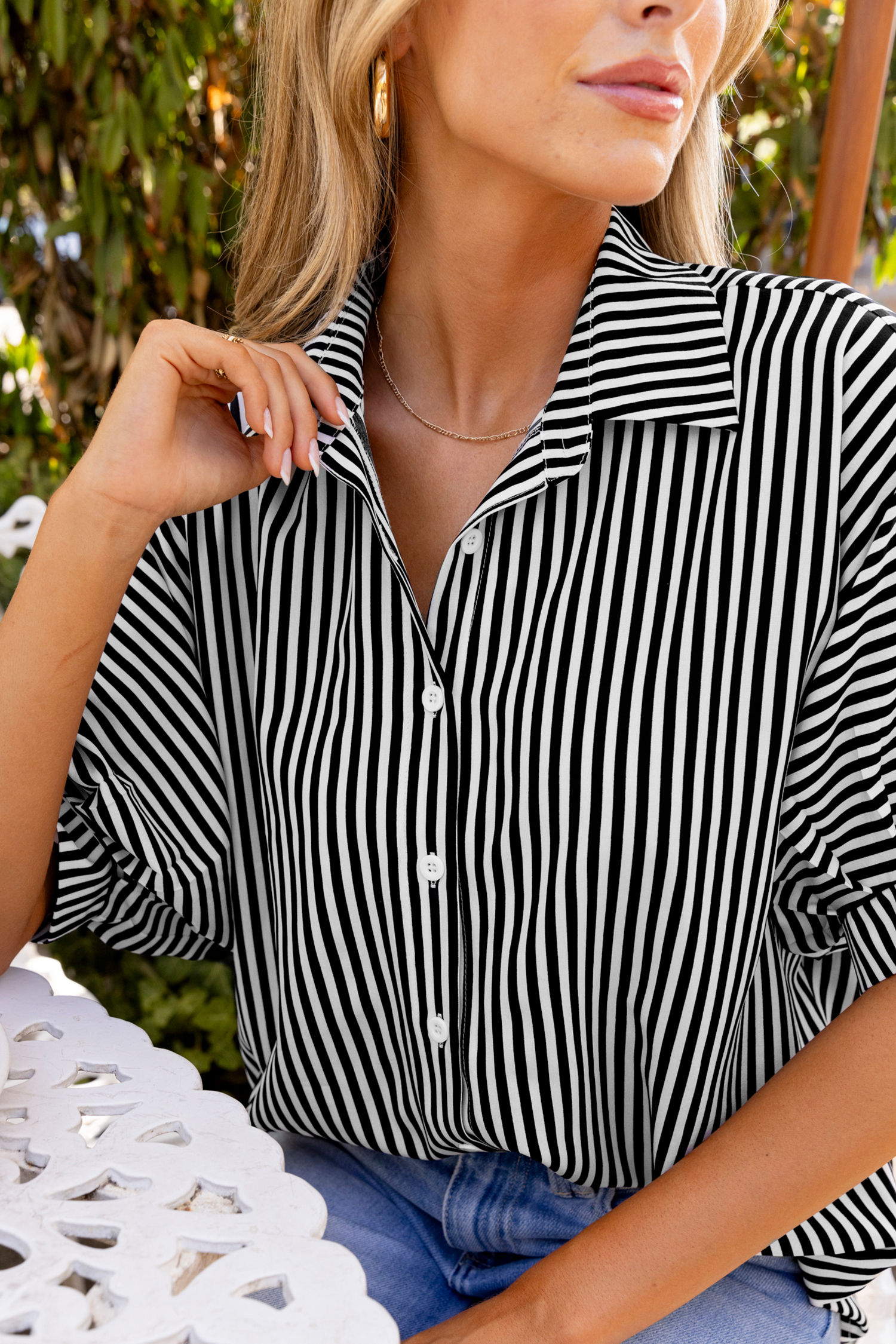 Black & White Striped Collared Short Sleeve Blouse