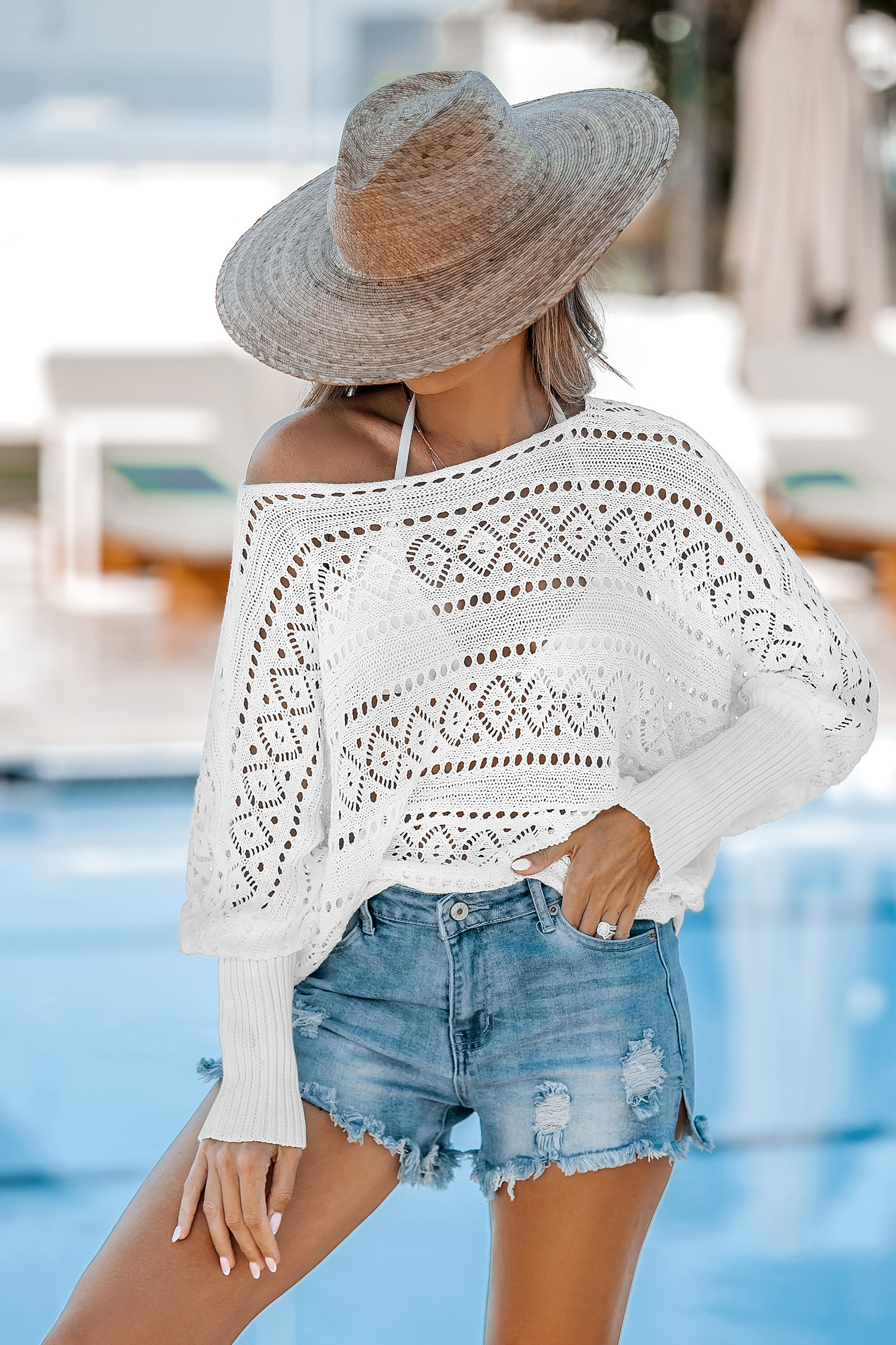 Perforated Knit Boat Neck Gigot Sleeve Cover-Up