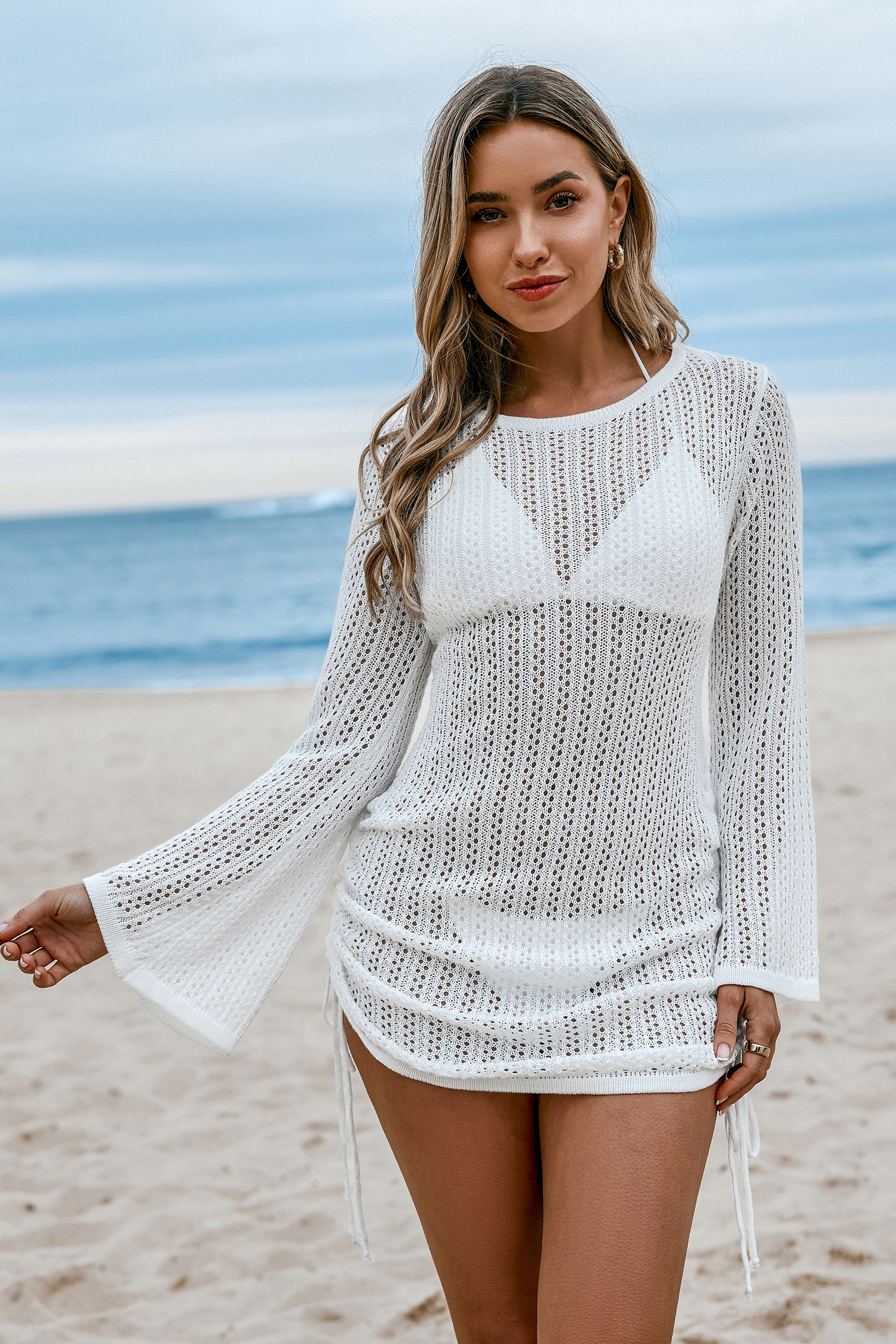 White Crochet Ruched Drawstring Cover-Up Dress