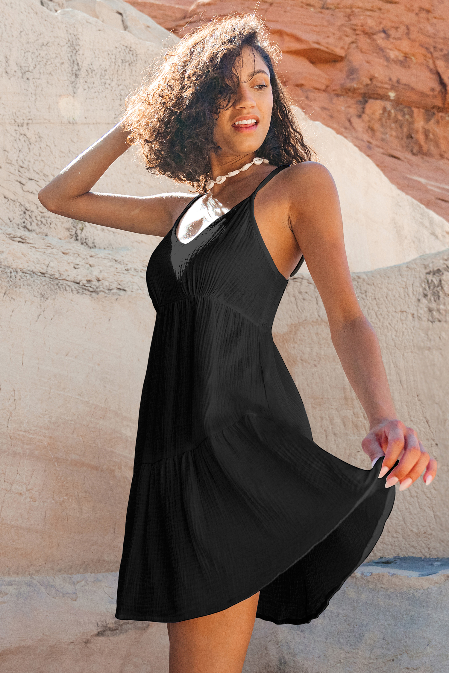 Black Sleeveless V-Neck Slip Mini Dress