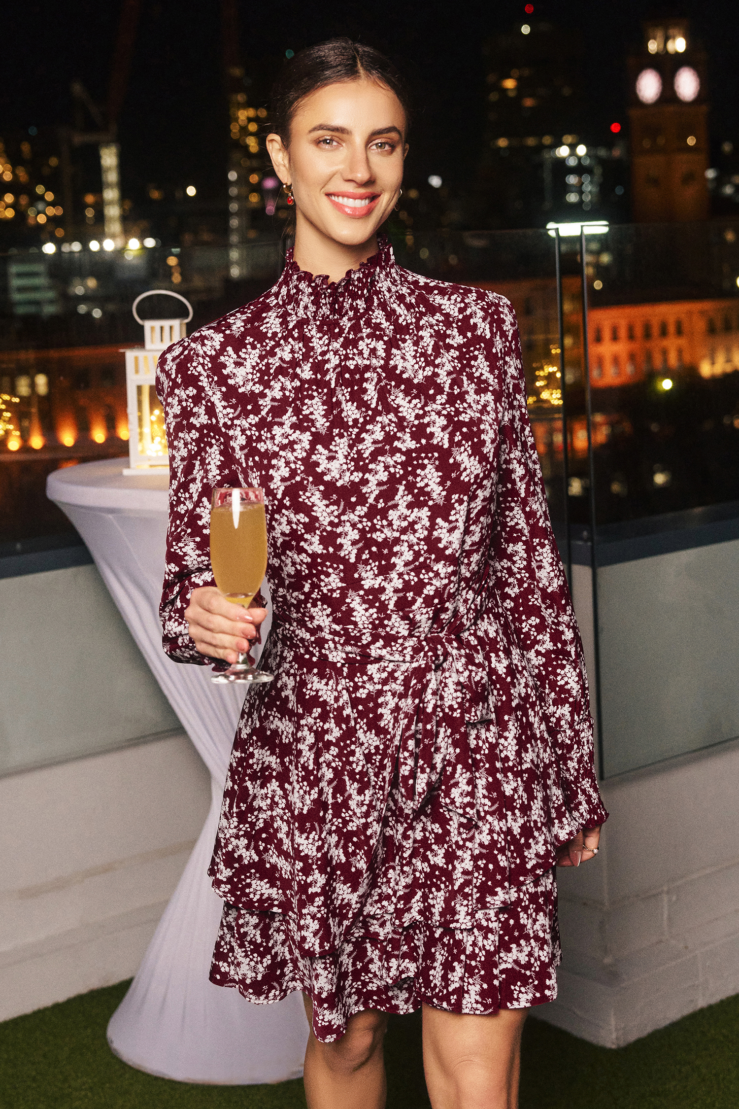 Floral Mockneck Blouson Sleeve Mini Dress