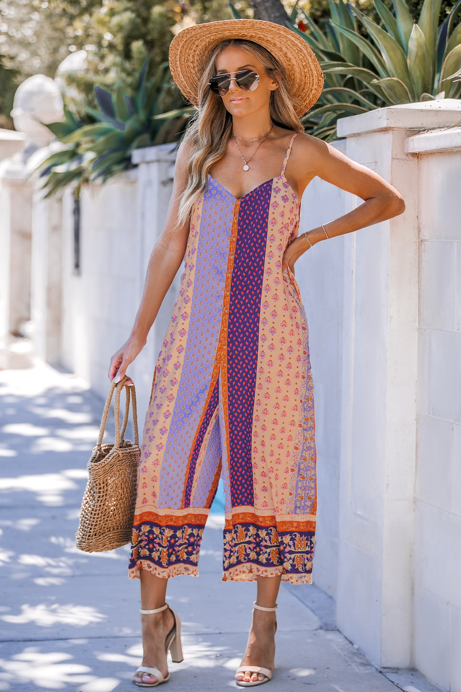 Patchwork Boho Sleeveless Straight Leg Jumpsuit