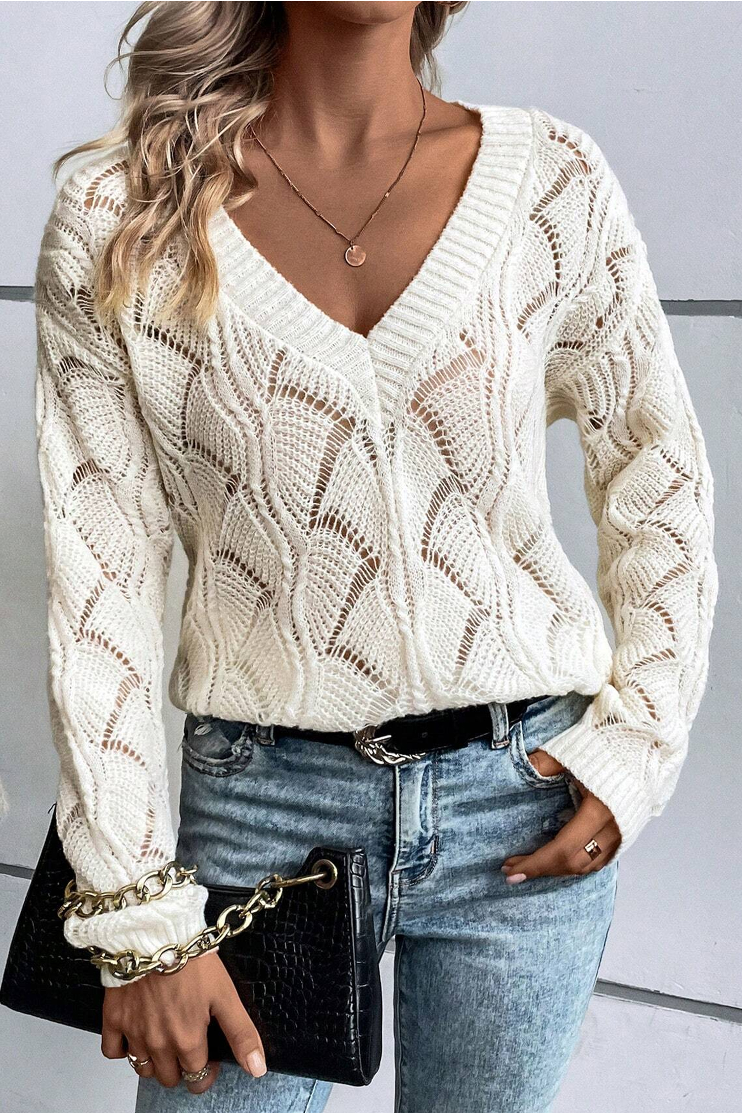 Knit V-Neck Long Sleeve Sweater