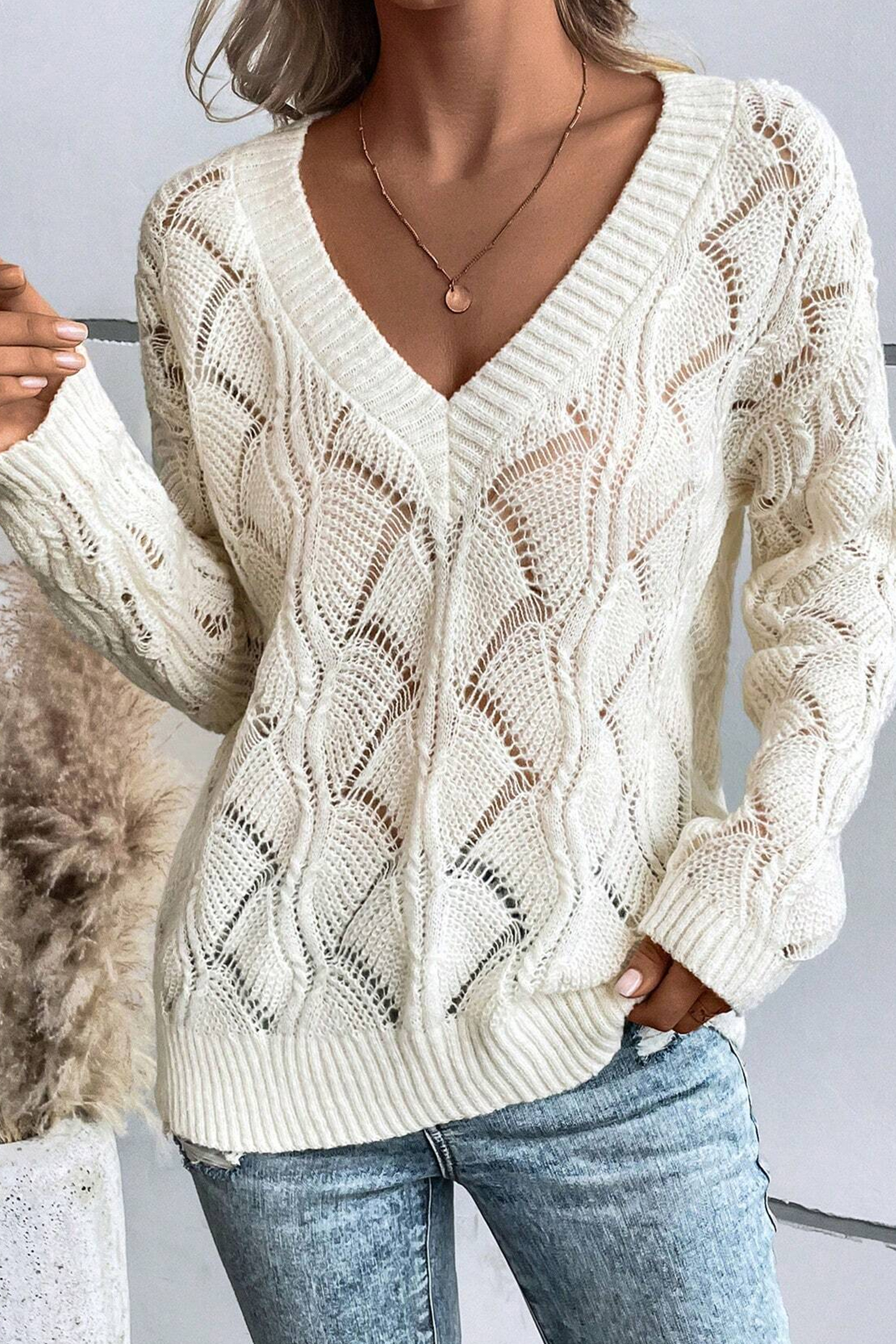 Knit V-Neck Long Sleeve Sweater