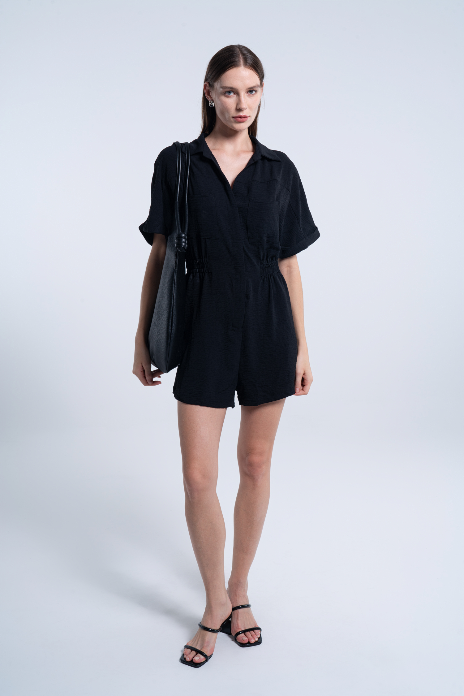Black Collared Short Sleeve Wide Leg Romper