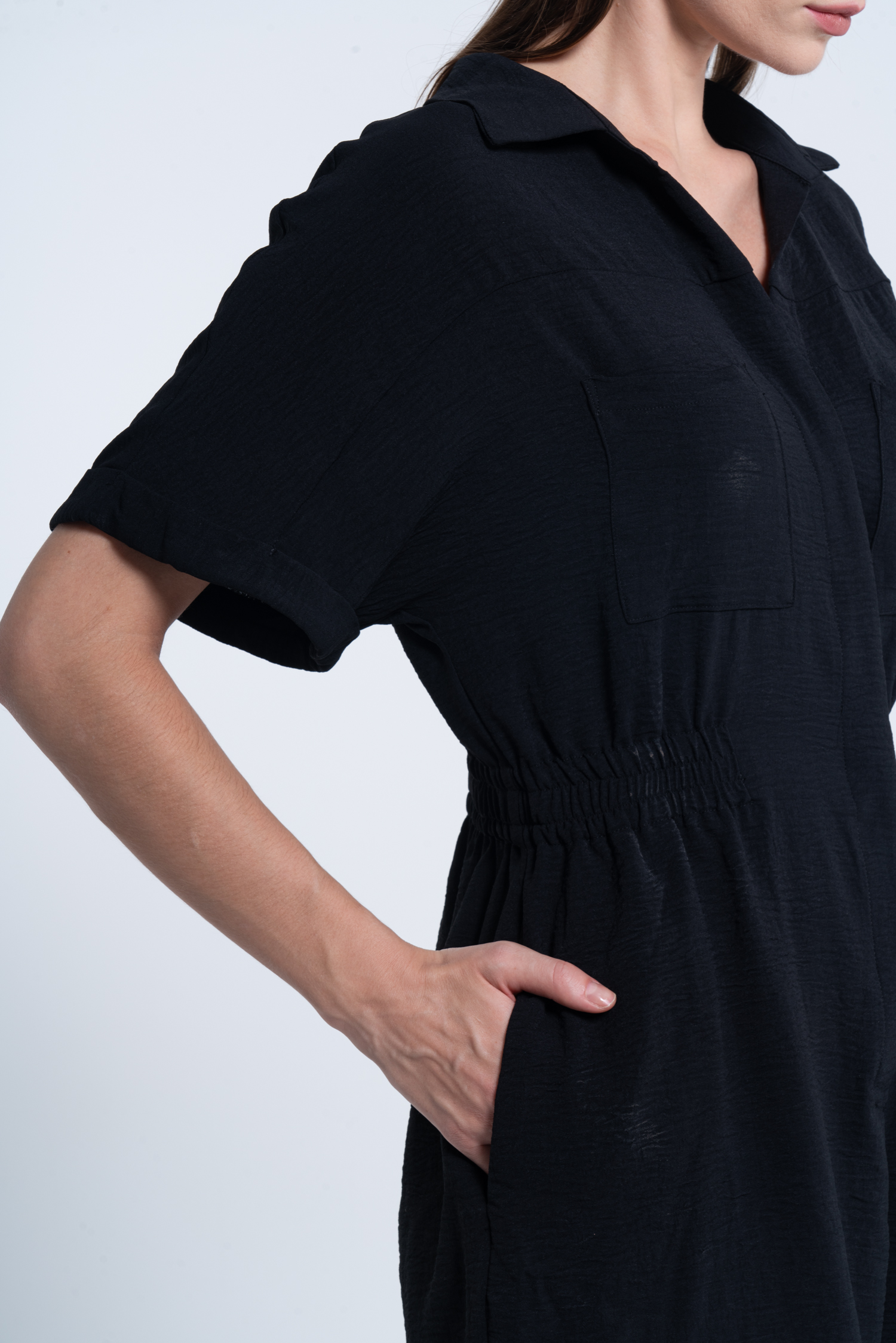 Black Collared Short Sleeve Wide Leg Romper