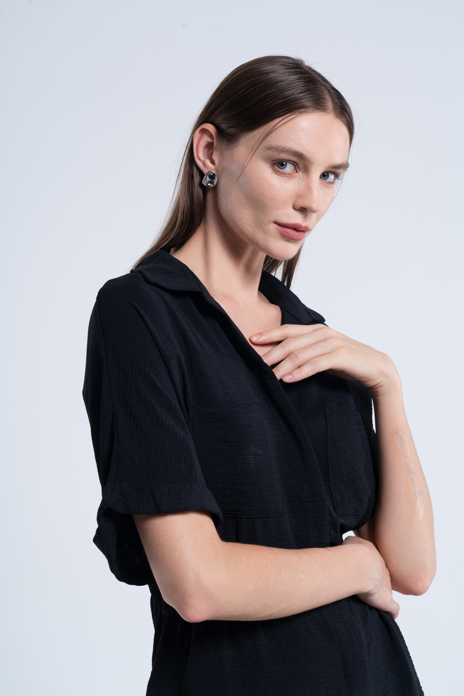 Black Collared Short Sleeve Wide Leg Romper