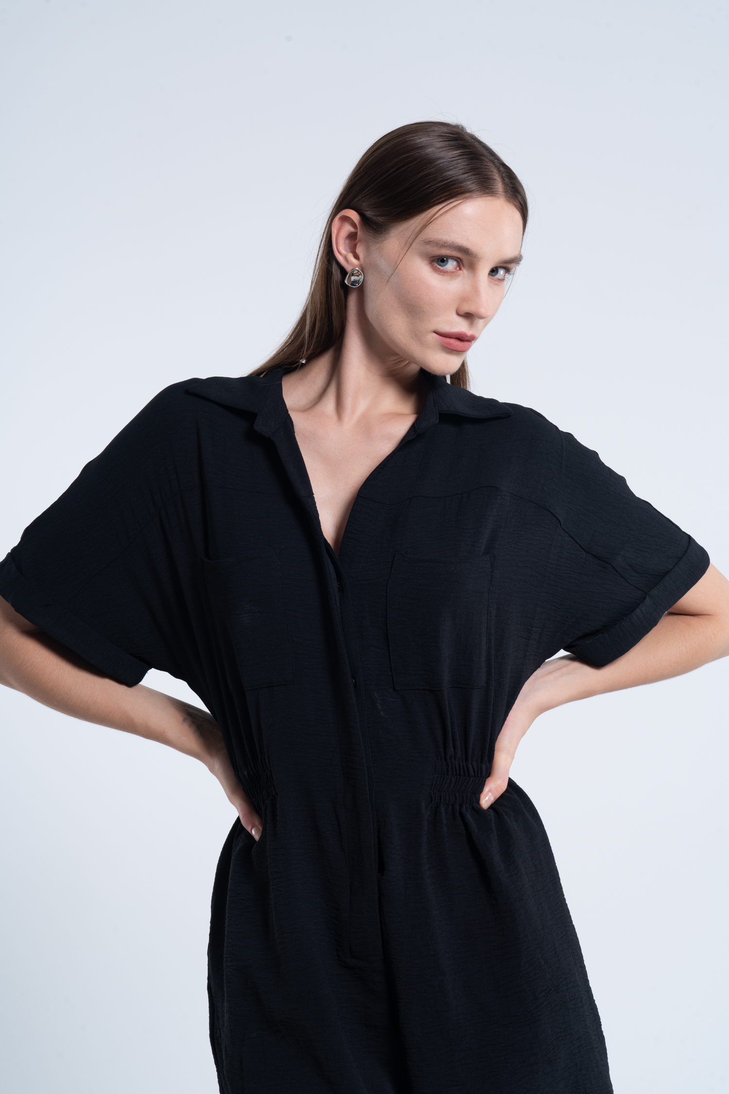 Black Collared Short Sleeve Wide Leg Romper