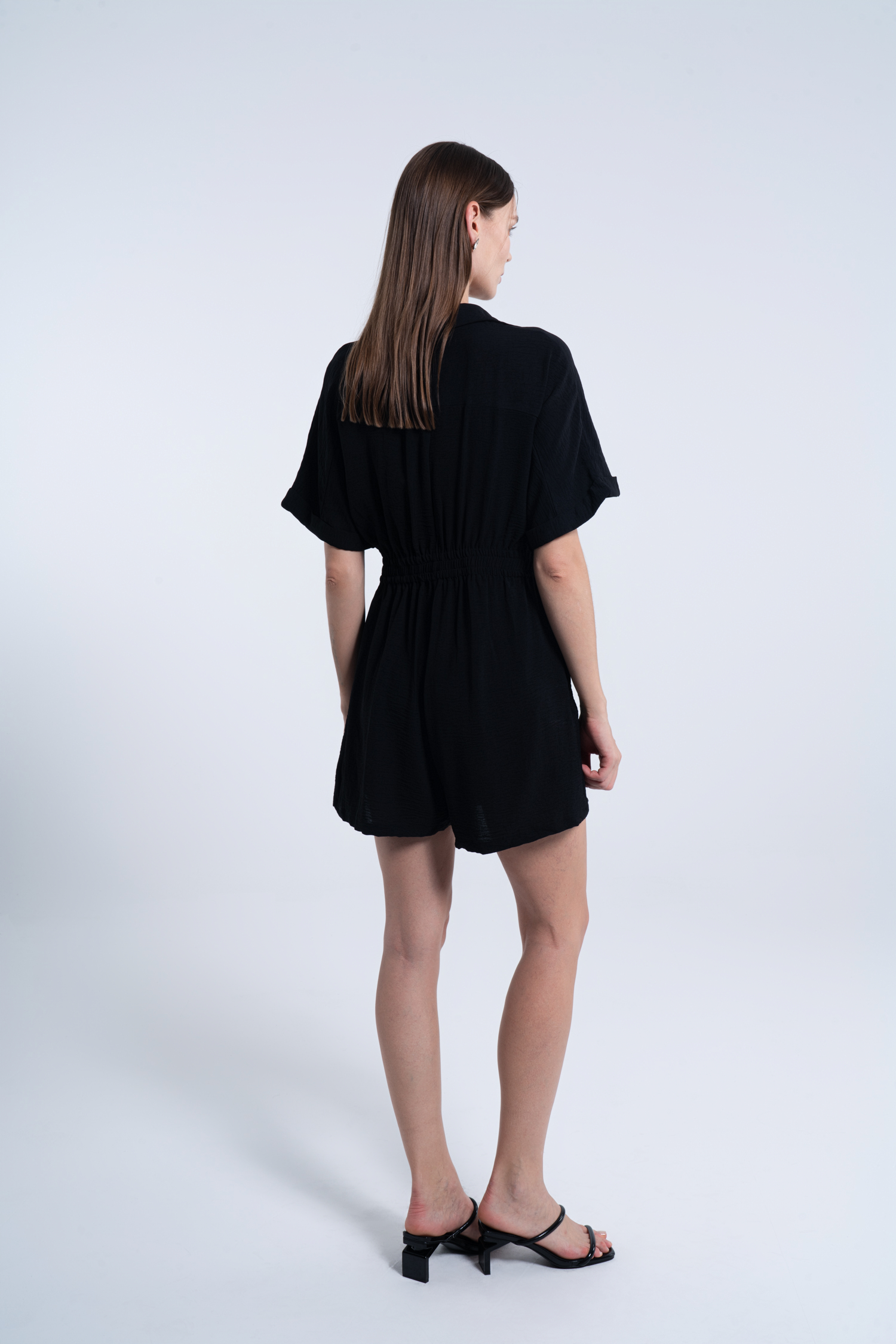 Black Collared Short Sleeve Wide Leg Romper