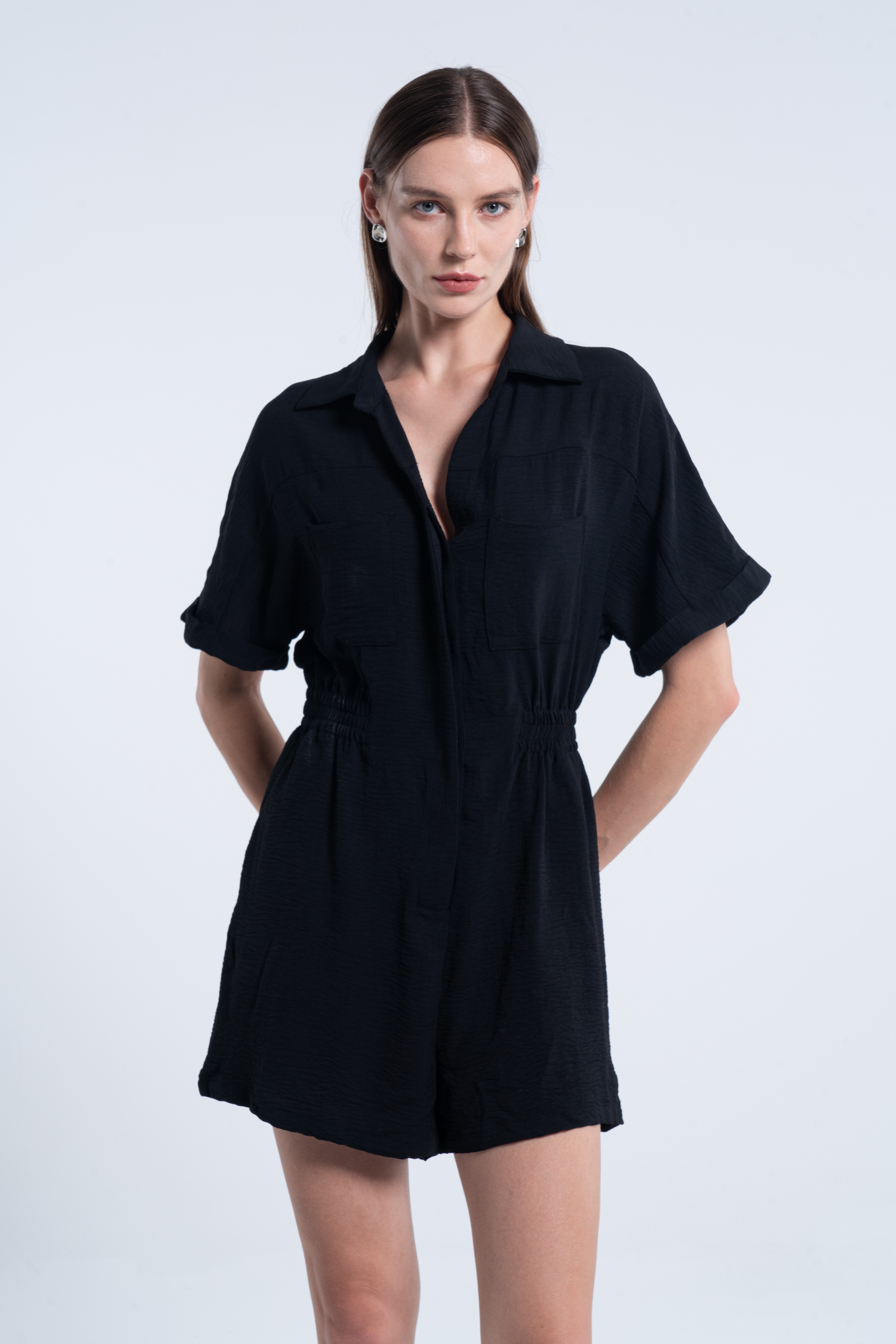 Black Collared Short Sleeve Wide Leg Romper