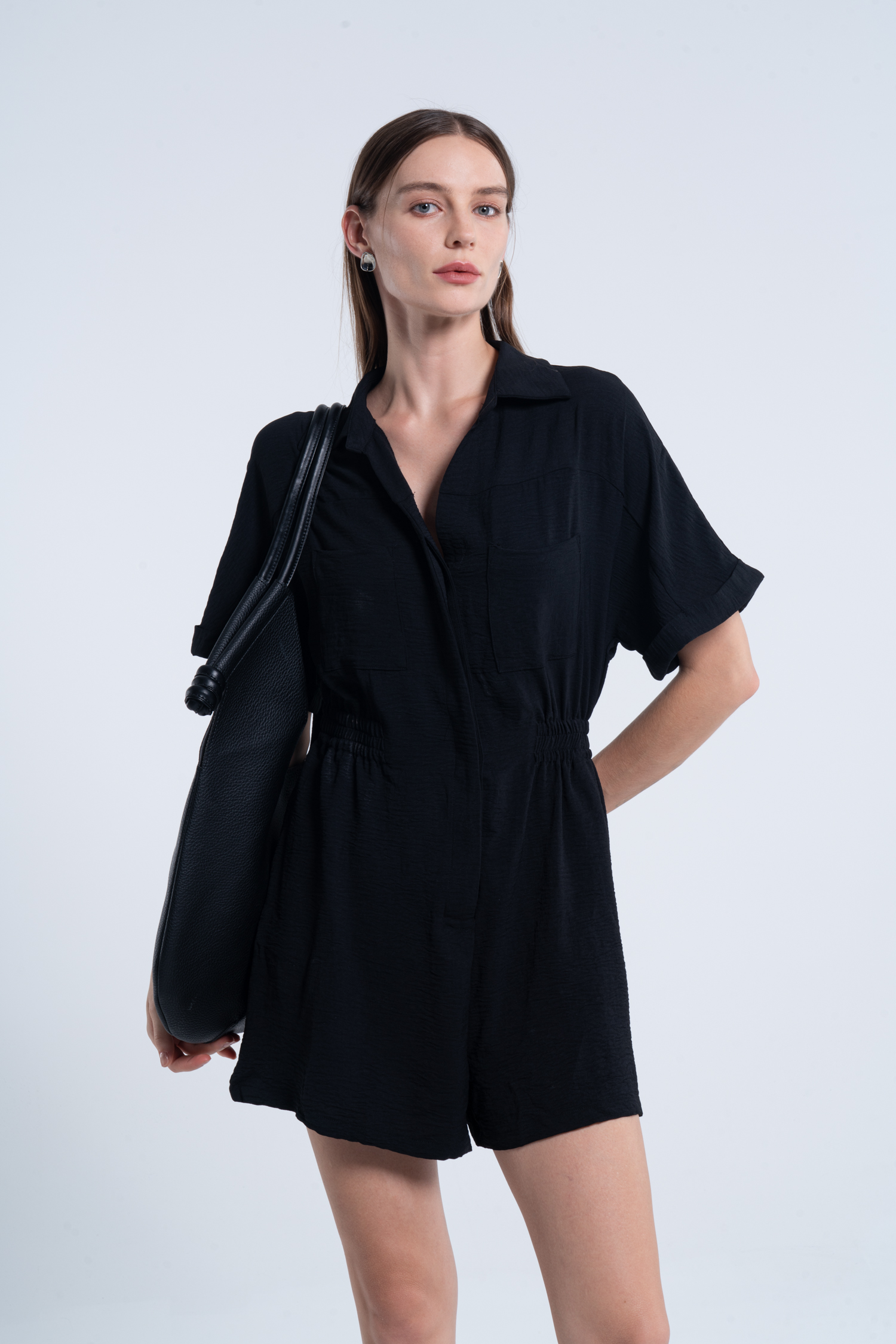 Black Collared Short Sleeve Wide Leg Romper