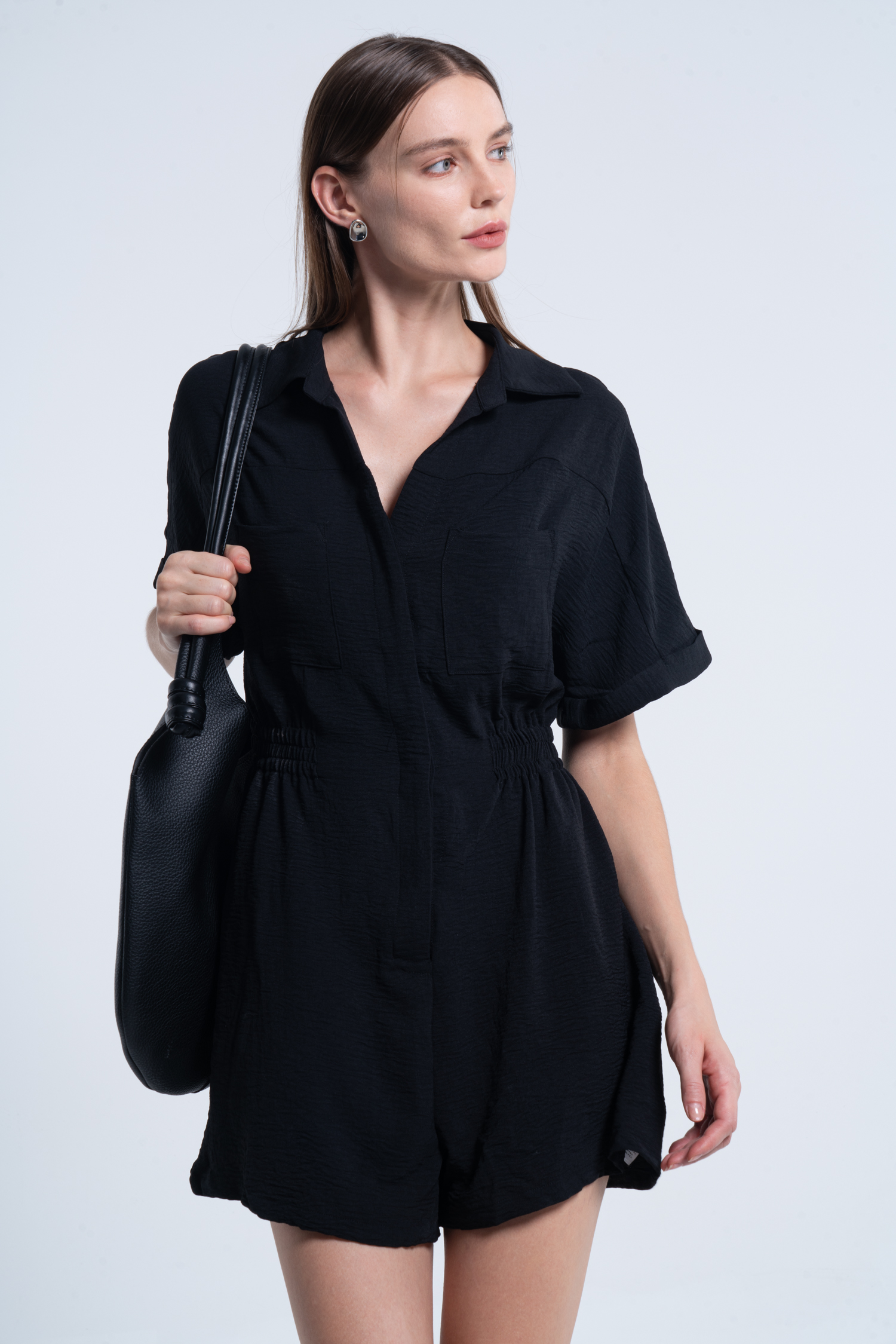 Black Collared Short Sleeve Wide Leg Romper