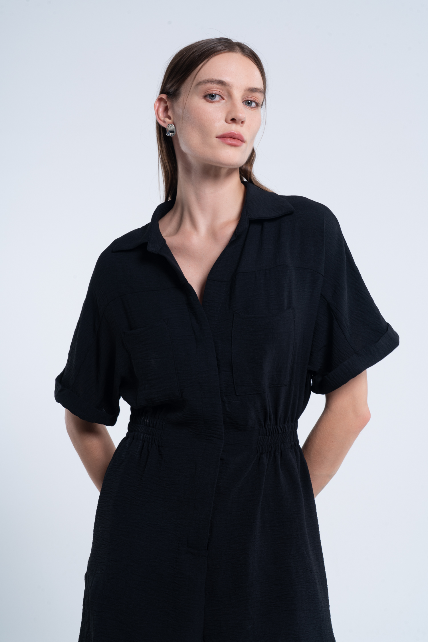 Black Collared Short Sleeve Wide Leg Romper