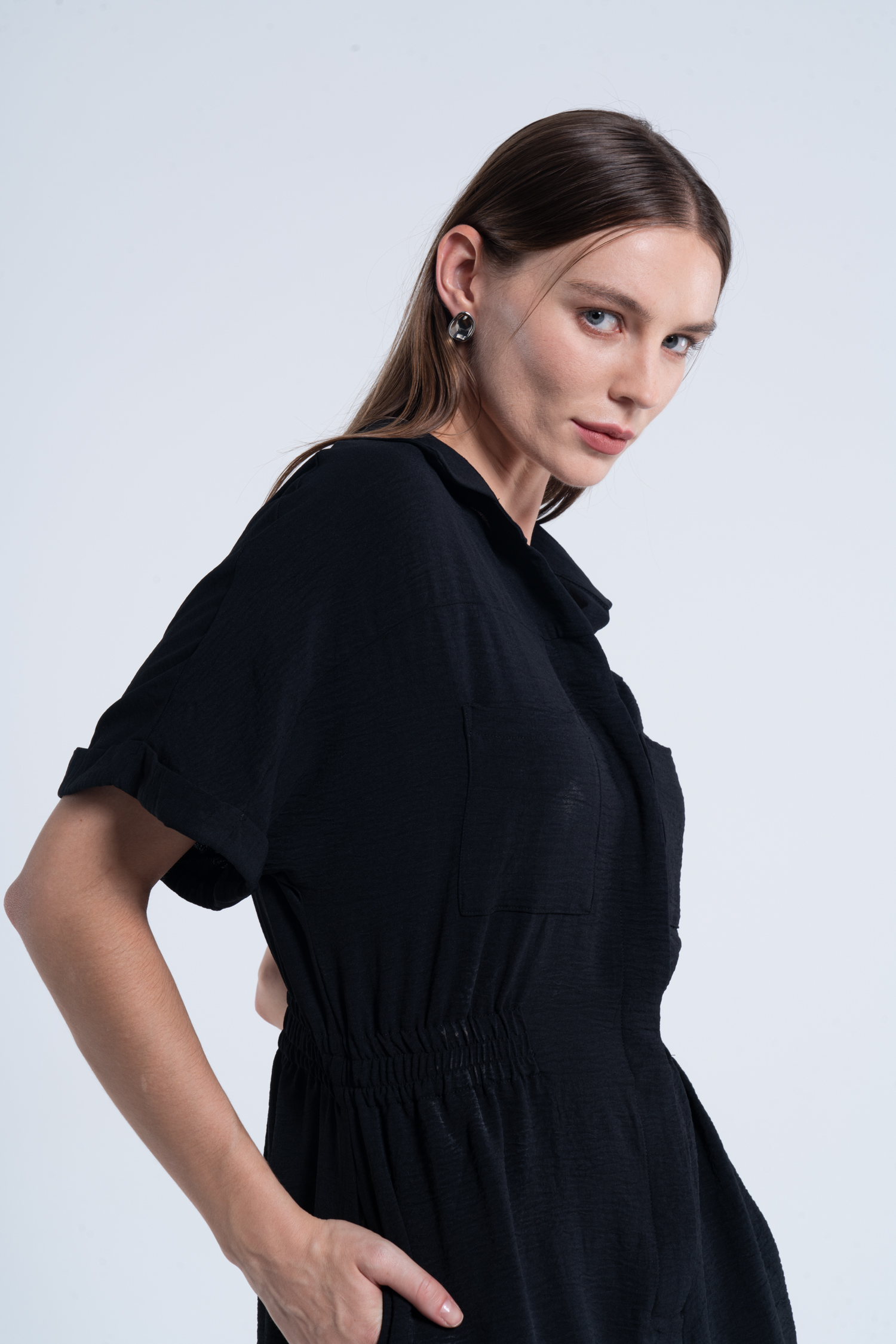 Black Collared Short Sleeve Wide Leg Romper