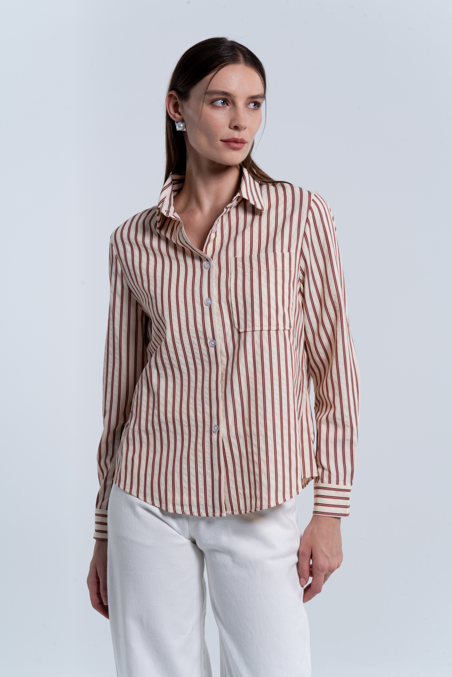 Striped Collared Front Button Long Sleeve Top