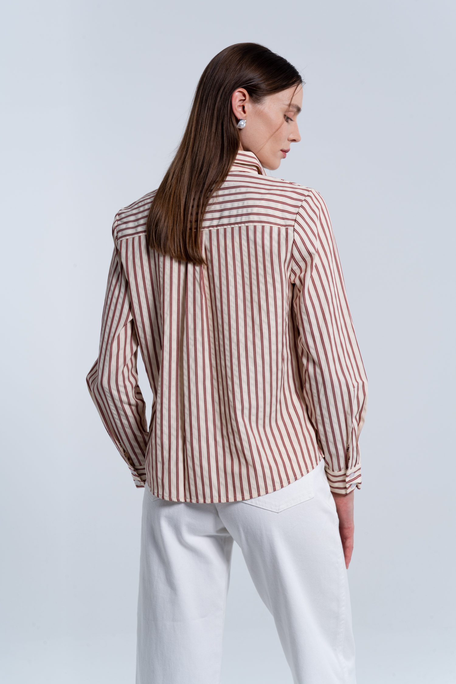 Striped Collared Front Button Long Sleeve Top