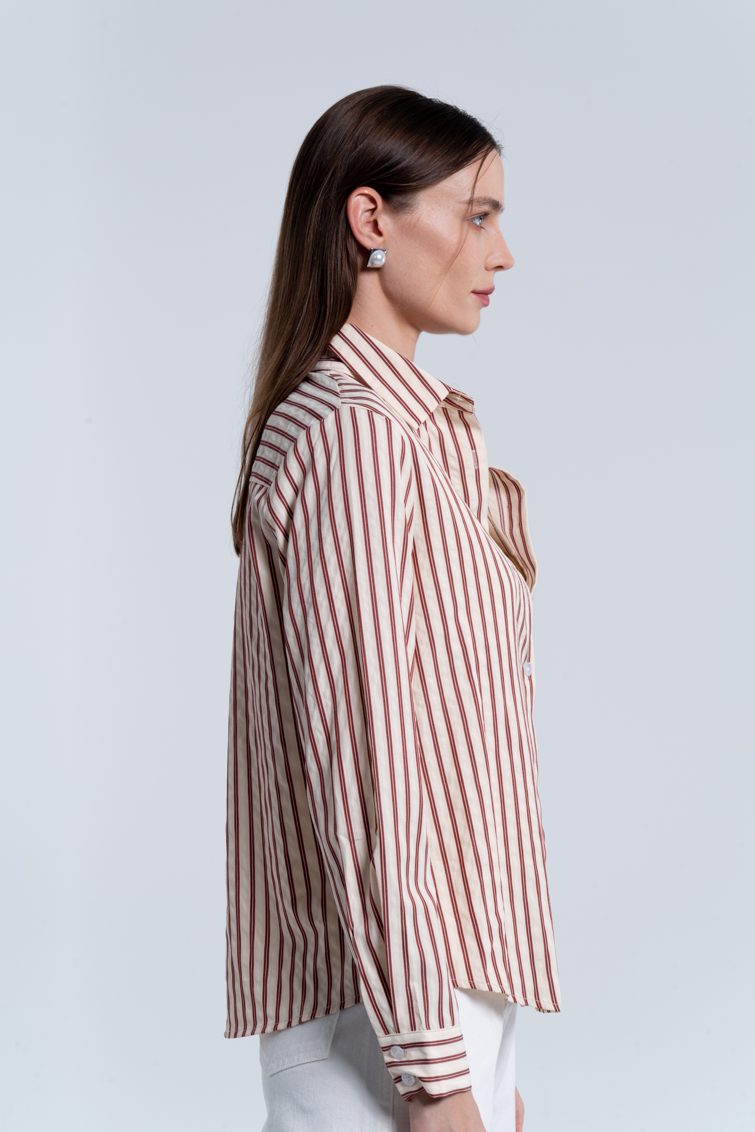 Striped Collared Front Button Long Sleeve Top