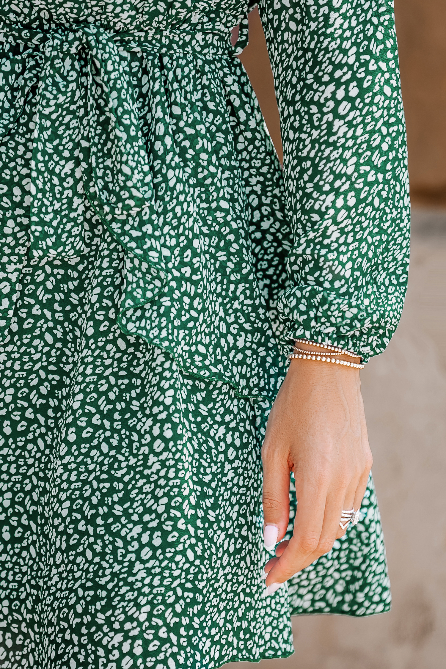 Green Leopard V-Neck Belted Dress